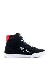 Alpinestars Chrome Shoes, Motorcycle Riding Shoes, Black White and Bright Red, side profile of high-top sneaker-style shoe with split suede upper, white sole and star logo, red heel detail, casual urban riding footwear
