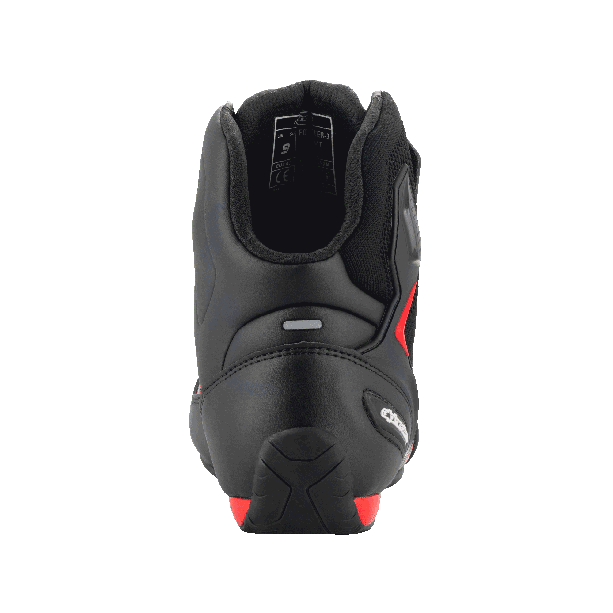 Zapatillas Alpinestars FQ20 Faster-3 Rideknit®, negro y rojo brillante, vista trasera que destaca el contrafuerte del talón contorneado, la tira reflectante y el cuello del tobillo acolchado, calzado técnico para motociclismo.
