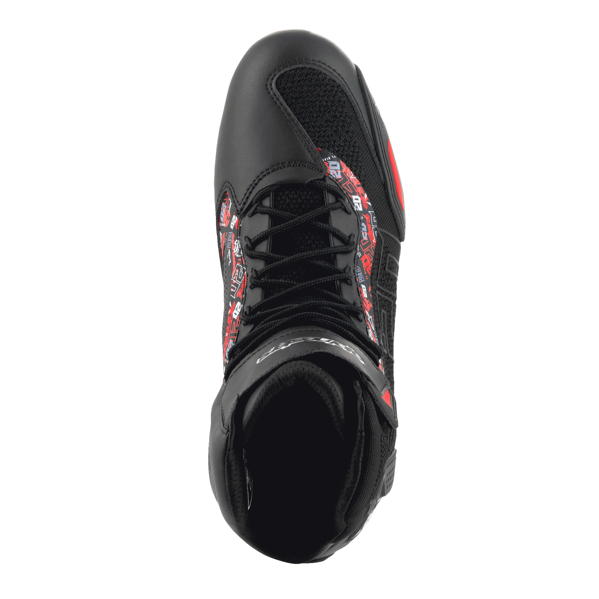 Zapatillas Alpinestars FQ20 Faster-3 Rideknit®, vista superior, negro y rojo brillante, diseño atlético con cordones y malla transpirable, con detalles gráficos en rojo y blanco en los laterales, calzado de motociclismo urbano deportivo