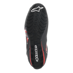 Zapatos Alpinestars FQ20 Faster-3 Rideknit®, vista inferior de la suela de goma texturizada, negro con logotipos Alpinestars blancos y acentos rojos, diseñados para agarre y estabilidad en los mandos de la motocicleta