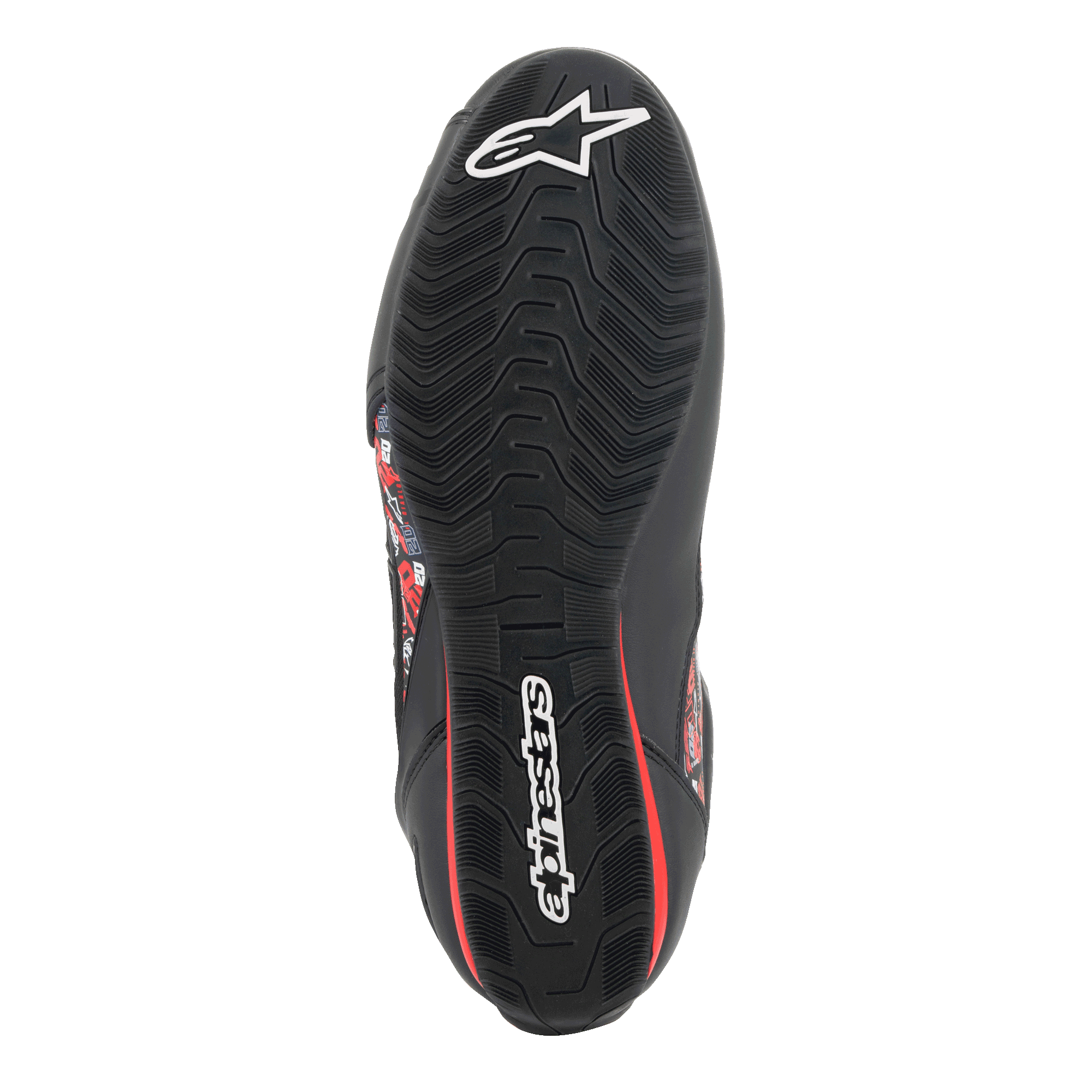 Zapatos Alpinestars FQ20 Faster-3 Rideknit®, vista inferior de la suela de goma texturizada, negro con logotipos Alpinestars blancos y acentos rojos, diseñados para agarre y estabilidad en los mandos de la motocicleta