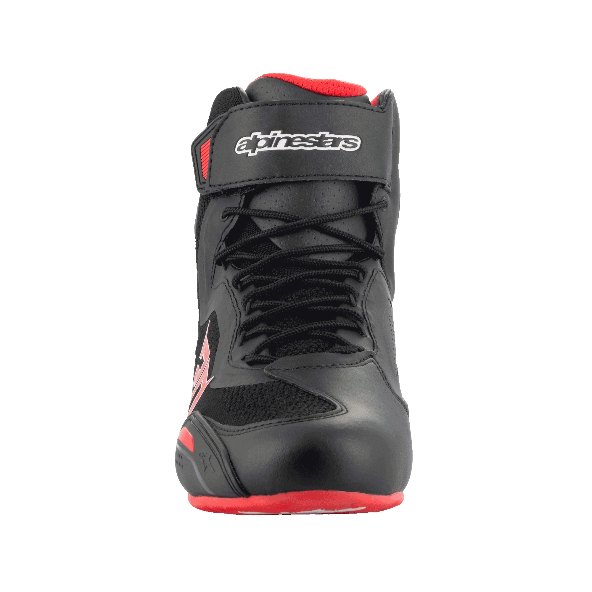 Zapatillas Alpinestars FQ20 Faster-3 Rideknit®, calzado para motociclismo, negro y rojo brillante, vista frontal con cierre de cordones y correa superior de gancho y bucle con marca Alpinestars, construcción de microfibra técnica y tejido transpirable.