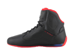 Zapatillas Alpinestars FQ20 Faster-3 Rideknit®, zapatillas para moto, negro, rojo brillante y azul, vista de perfil lateral con el texto 'EL DIABLO' en rojo, suela y forro del cuello rojos, construcción de malla transpirable y microfibra con paneles laterales perforados
