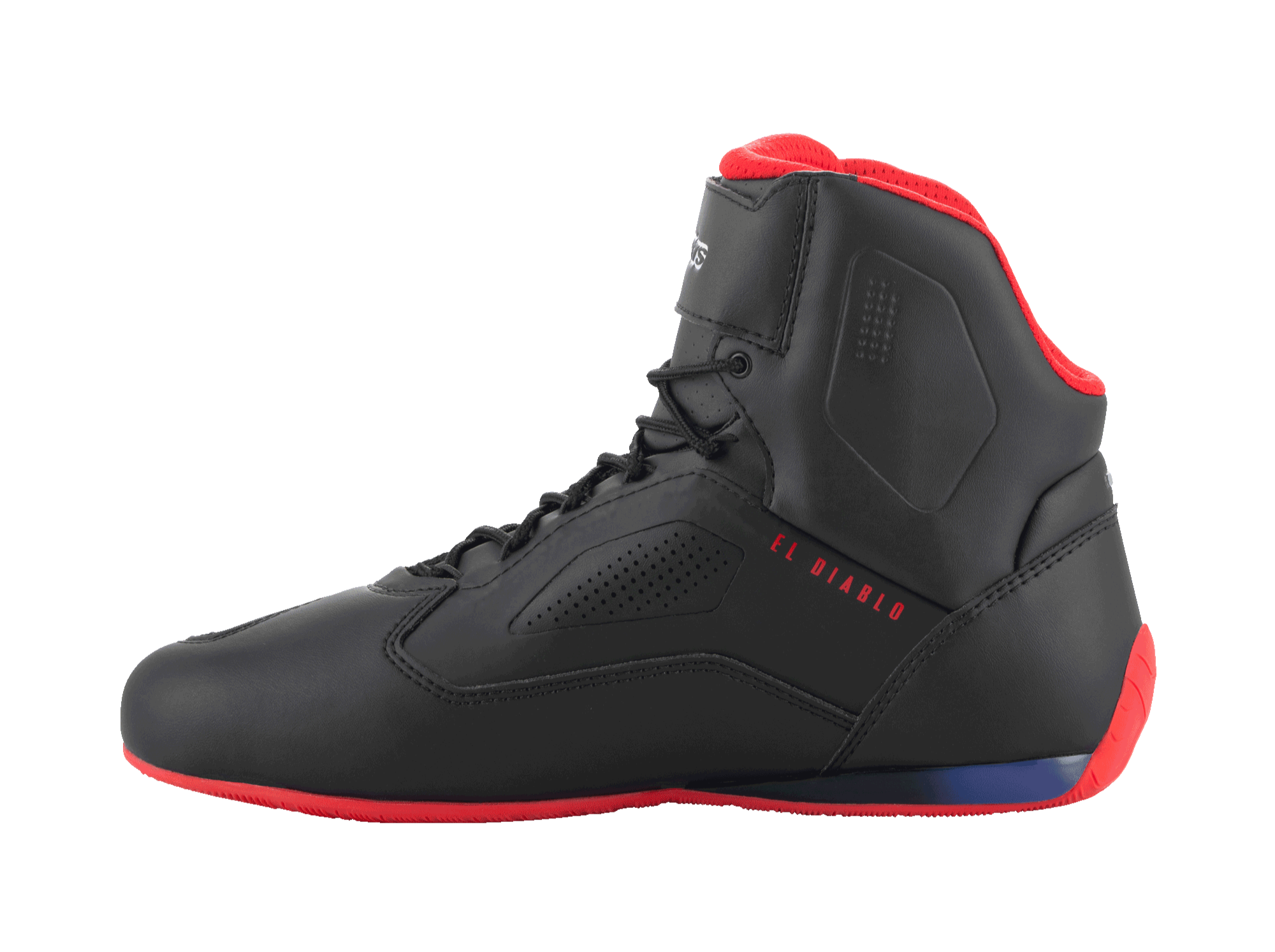 Zapatillas Alpinestars FQ20 Faster-3 Rideknit®, zapatillas para moto, negro, rojo brillante y azul, vista de perfil lateral con el texto 'EL DIABLO' en rojo, suela y forro del cuello rojos, construcción de malla transpirable y microfibra con paneles laterales perforados