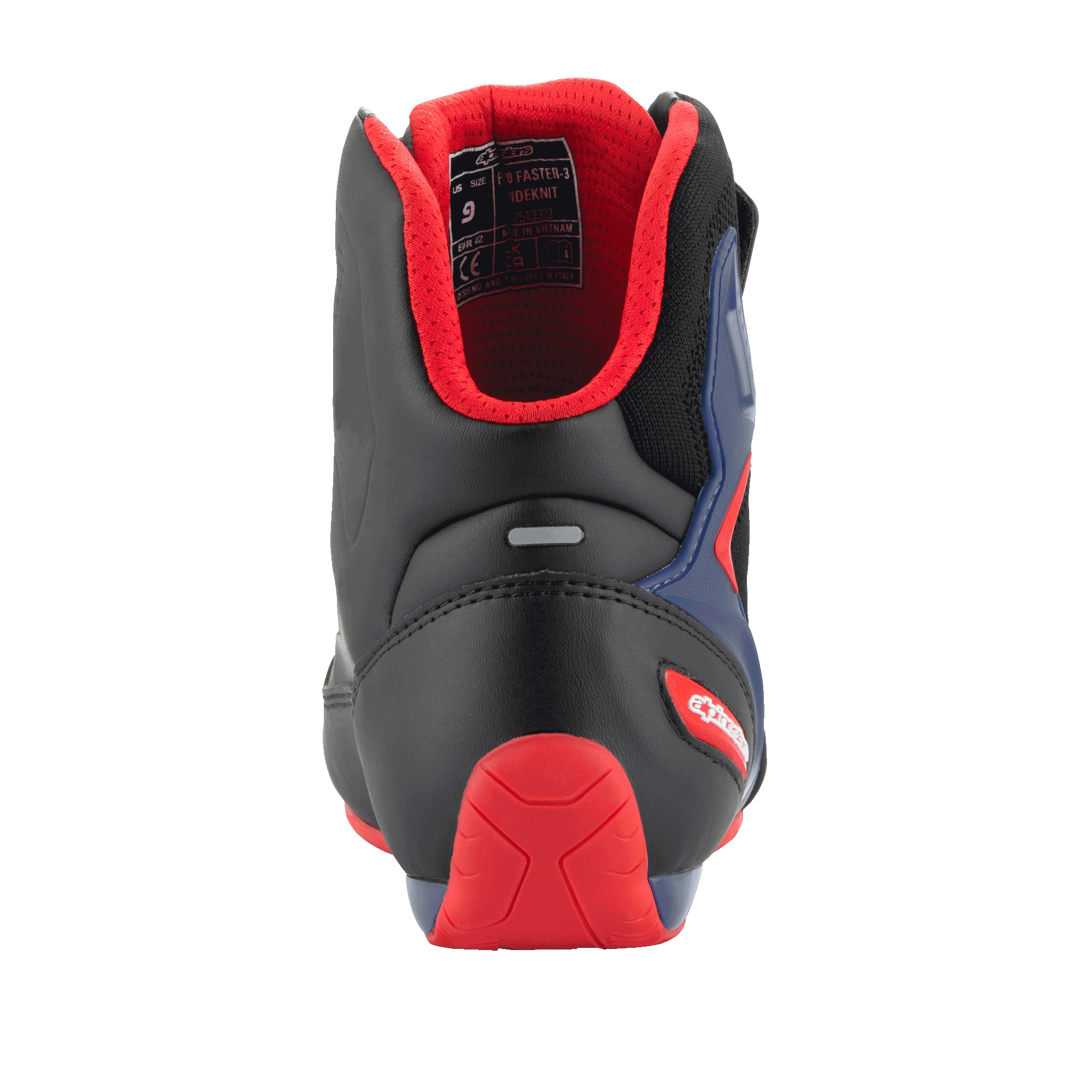Zapatillas Alpinestars FQ20 Faster-3 Rideknit®, zapatillas de moto, negro, rojo brillante y azul, vista trasera que muestra el contrafuerte del talón de TPR rojo, forro de malla roja acolchada y tira reflectante, diseño deportivo para conducción en carretera