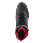 Zapatos Alpinestars FQ20 Faster-3 Rideknit®, calzado para motociclismo, negros con detalles en rojo brillante y azul, vista superior que muestra la malla transpirable Rideknit®, diseño con cordones e interior acolchado rojo