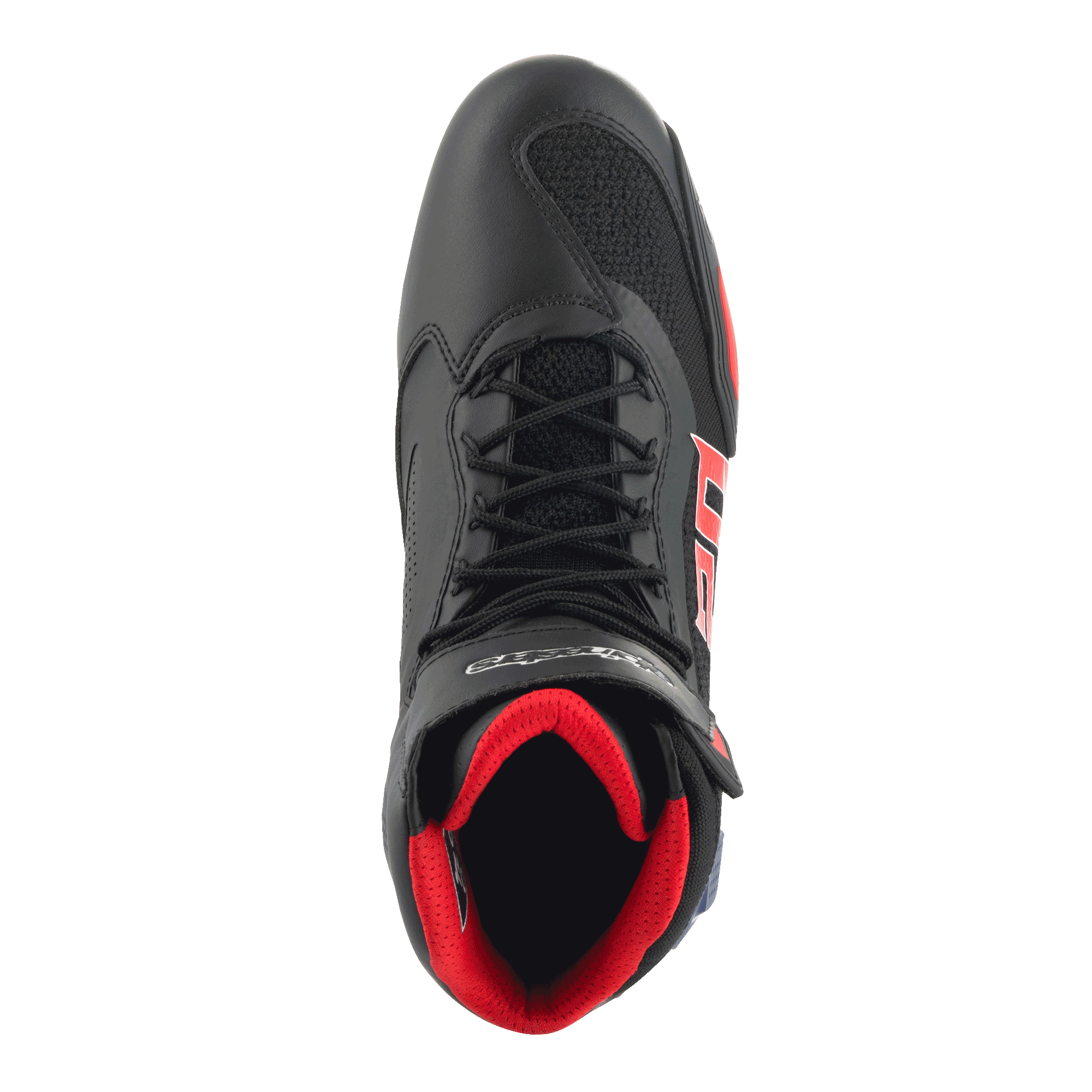 Zapatos Alpinestars FQ20 Faster-3 Rideknit®, calzado para motociclismo, negros con detalles en rojo brillante y azul, vista superior que muestra la malla transpirable Rideknit®, diseño con cordones e interior acolchado rojo