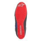 Zapatillas Alpinestars FQ20 Faster-3 Rideknit®, vista inferior de la suela, rojo brillante con logotipo y letras de Alpinestars en blanco, patrón de agarre texturizado para la conducción de motocicletas