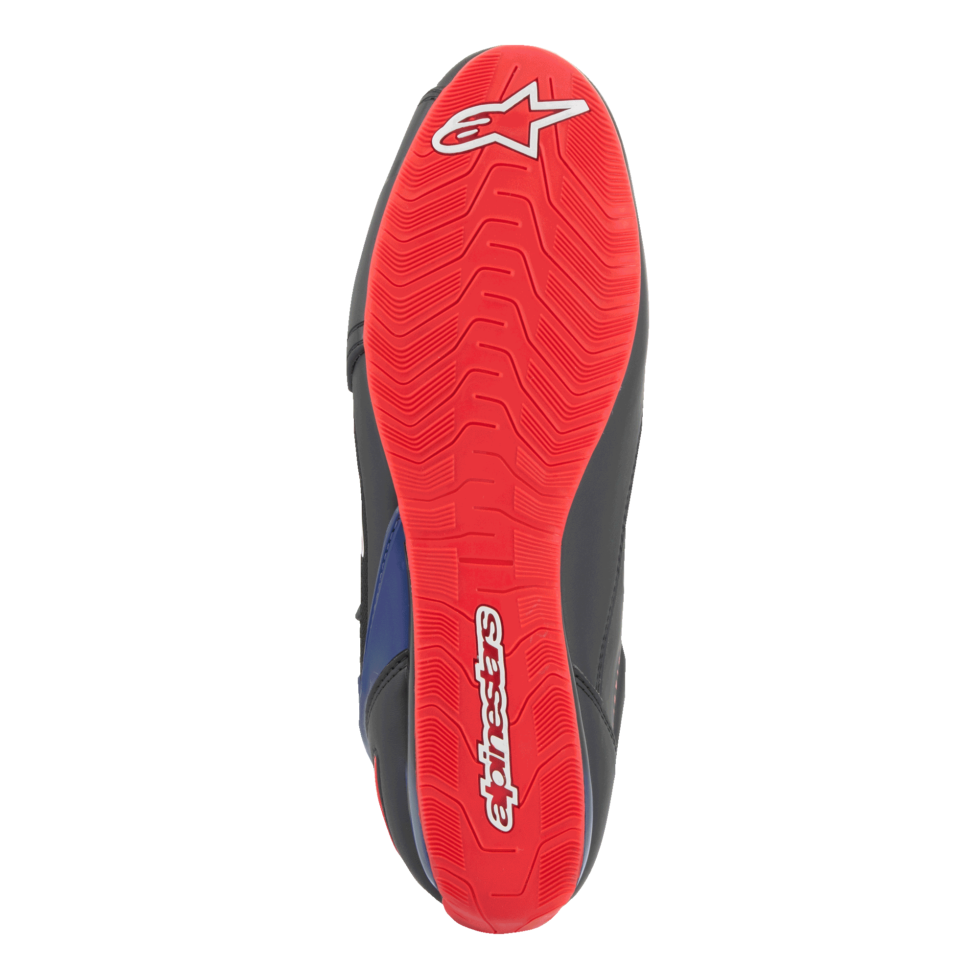 Zapatillas Alpinestars FQ20 Faster-3 Rideknit®, vista inferior de la suela, rojo brillante con logotipo y letras de Alpinestars en blanco, patrón de agarre texturizado para la conducción de motocicletas