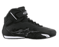 Alpinestars Sektor Shoes, Motorcycle Riding Shoes, Black and White, side profile featuring lightweight microfiber upper, speed lacing system, and hook-and-loop ankle strap with white branding, sleek protective design for road riding