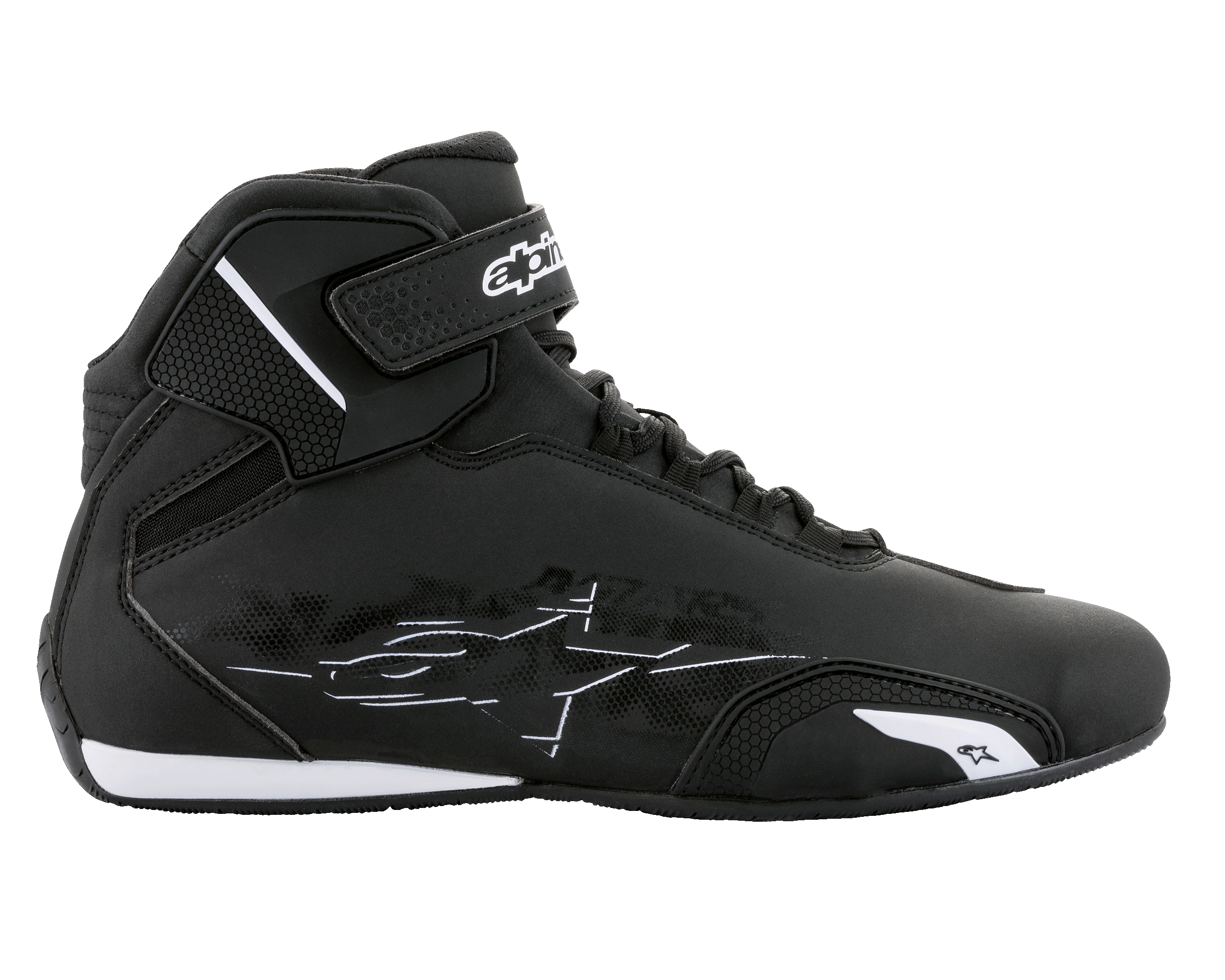 Zapatos Alpinestars Sektor, calzado para moto, negro y blanco, perfil lateral con parte superior de microfibra ligera, sistema de cordones rápidos y correa de tobillo con cierre de gancho y bucle y logotipo blanco, diseño elegante y protector para conducción en carretera