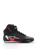 Alpinestars Sektor Shoe, Motorcycle Riding Shoes, Black White and Red Fluo, high-top design with speed lacing and ankle strap, large white star logo on side with red accents, microfiber upper with reinforced toe, sleek racing-inspired profile