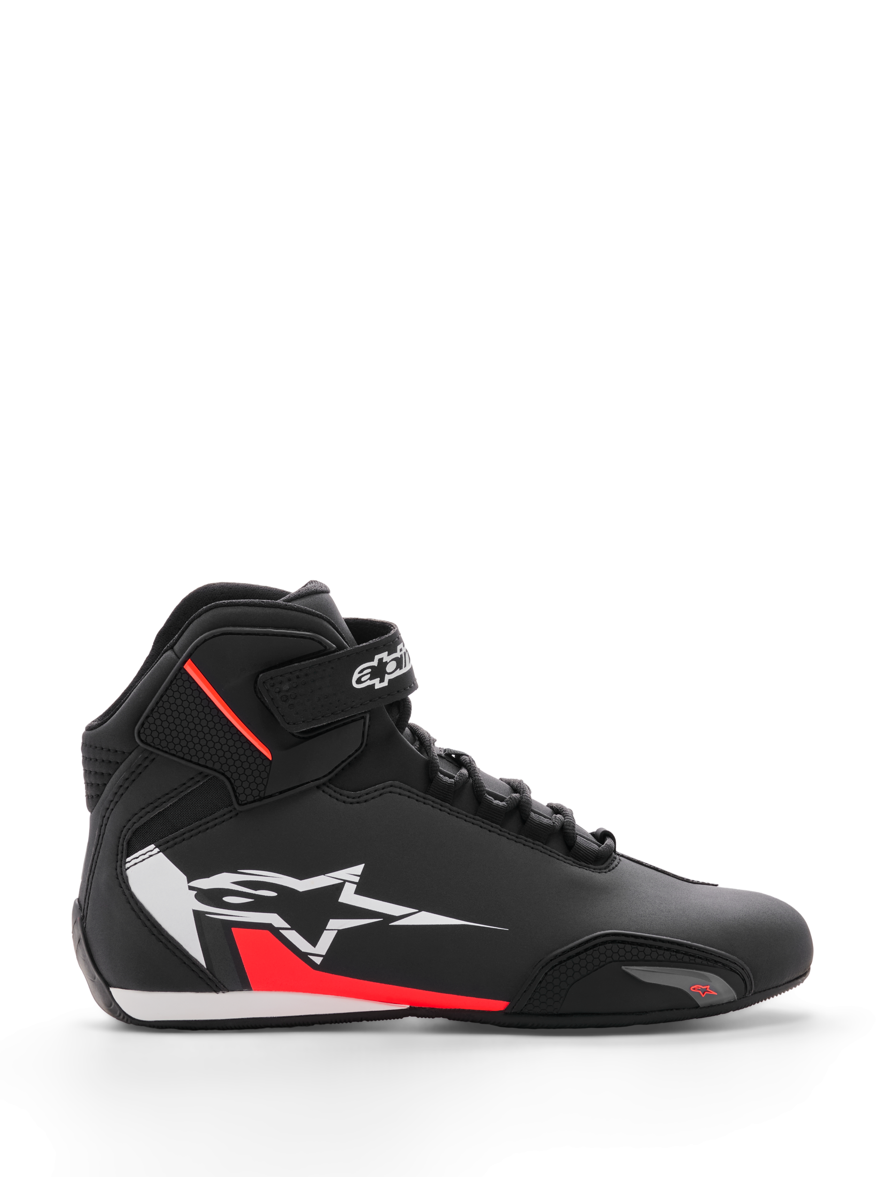 Alpinestars Sektor Shoe, Motorcycle Riding Shoes, Black White and Red Fluo, high-top design with speed lacing and ankle strap, large white star logo on side with red accents, microfiber upper with reinforced toe, sleek racing-inspired profile