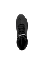 Alpinestars Sektor Shoe, Motorcycle Riding Shoe, Black, top-down view featuring speed lacing system and secure ankle strap with white branding, lightweight microfiber construction