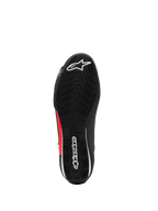 Alpinestars Sektor Shoe, Motorcycle Riding Shoes, Black White and Red Fluo, bottom view featuring textured rubber sole with white logos and red accents, lightweight road riding footwear design