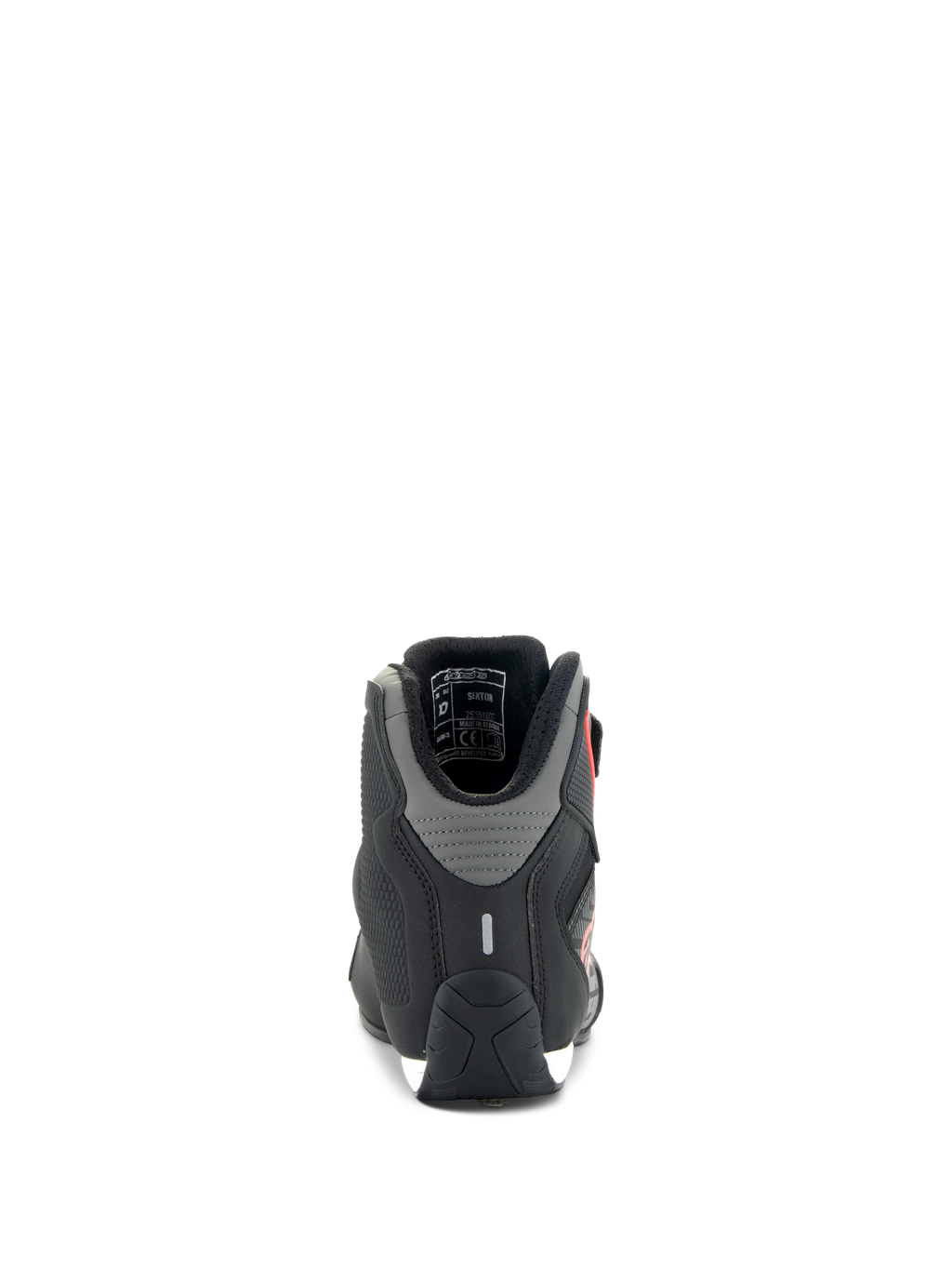 Zapatos Alpinestars Sektor, calzado de conducción para motocicleta, negro y rojo brillante, vista trasera que muestra paneles grises en el talón y tira reflectante, construcción ligera de microfibra para conducción en carretera