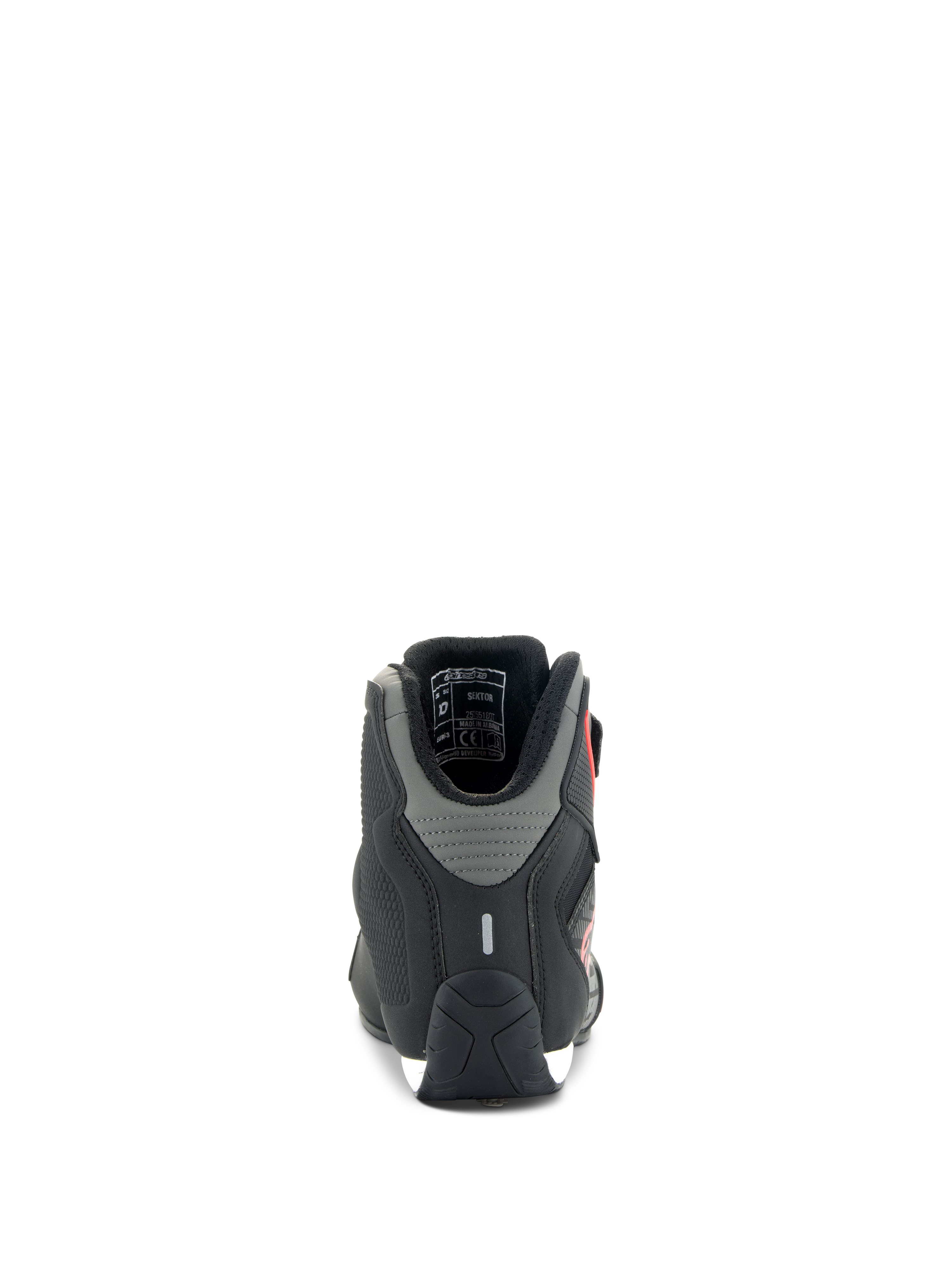 Zapatos Alpinestars Sektor, calzado de conducción para motocicleta, negro y rojo brillante, vista trasera que muestra paneles grises en el talón y tira reflectante, construcción ligera de microfibra para conducción en carretera