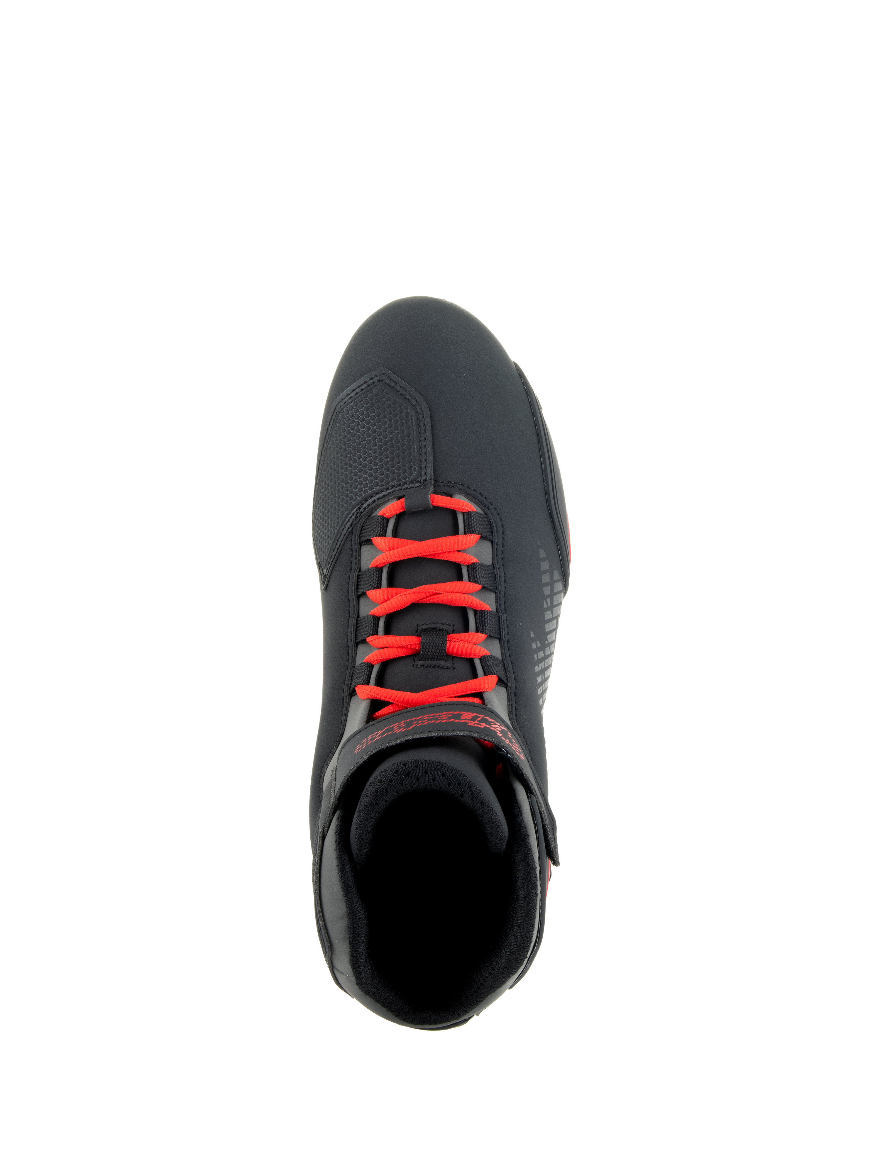 Zapatos Alpinestars Sektor, negro y rojo brillante, vista superior de calzado para motociclismo, cordones rojo brillante y correa ajustable en el tobillo, parte superior de microfibra estilizada con refuerzo para el cambio, diseño deportivo para carretera