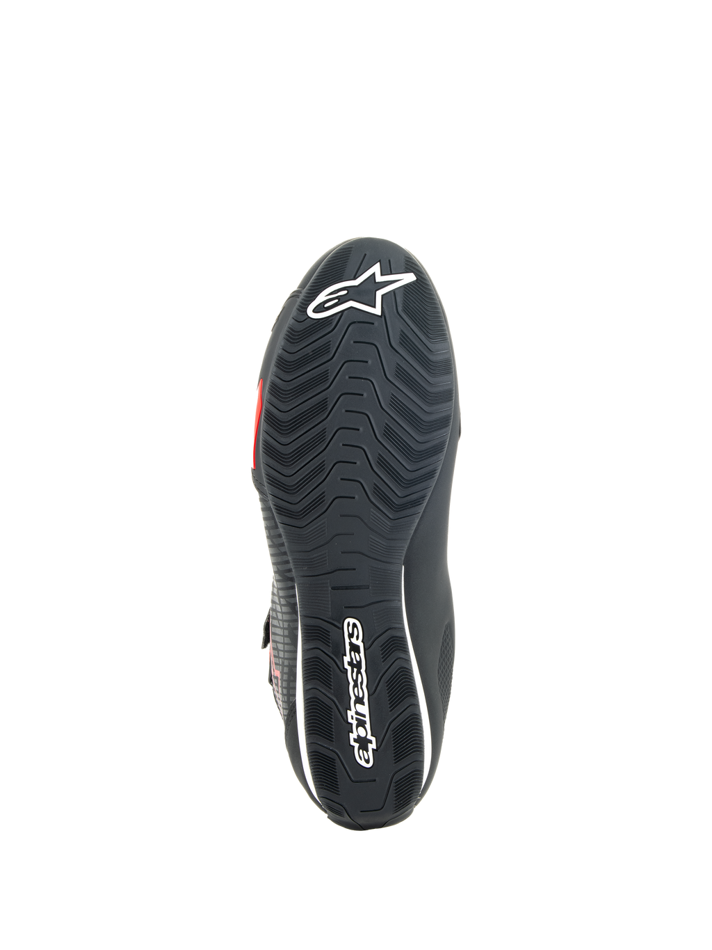 Alpinestars Sektor Shoes, zapatos de moto, negro y rojo brillante, vista inferior de la suela de goma texturizada con la marca Alpinestars en blanco y vástago de soporte integrado para agarre y estabilidad.