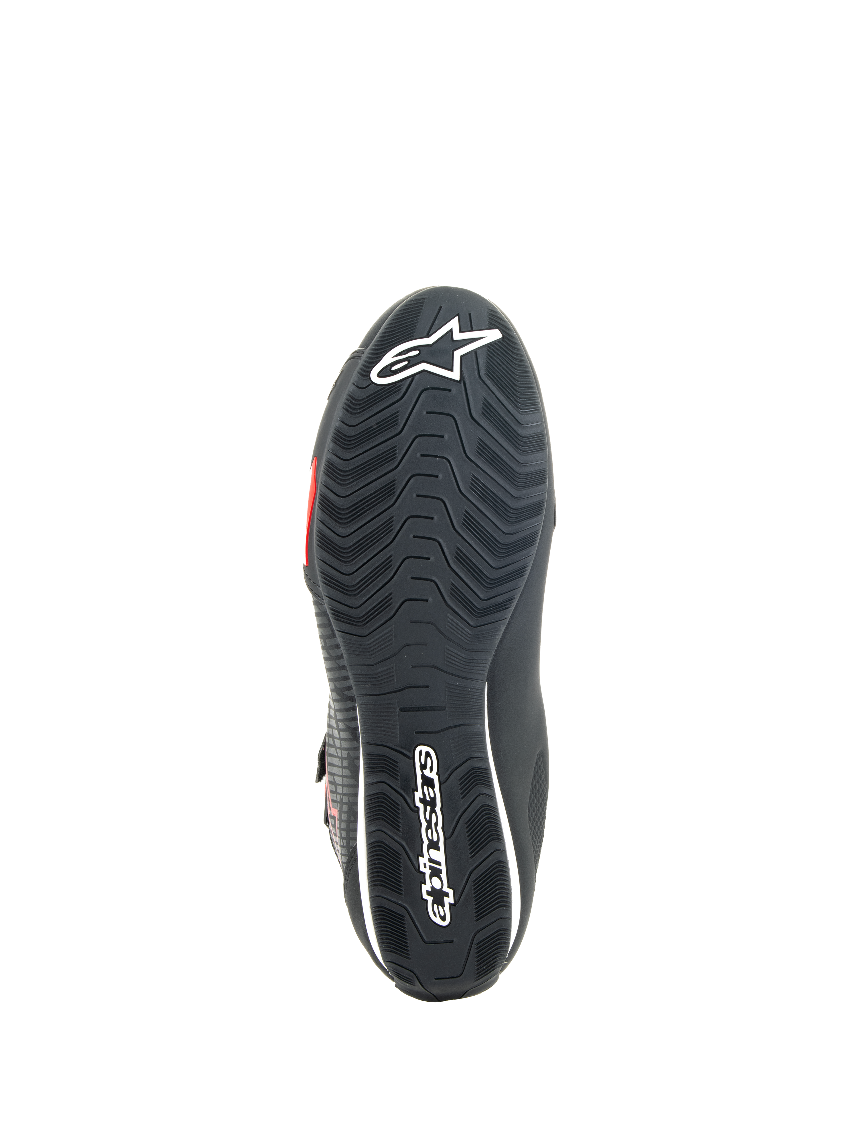 Alpinestars Sektor Shoes, zapatos de moto, negro y rojo brillante, vista inferior de la suela de goma texturizada con la marca Alpinestars en blanco y vástago de soporte integrado para agarre y estabilidad.