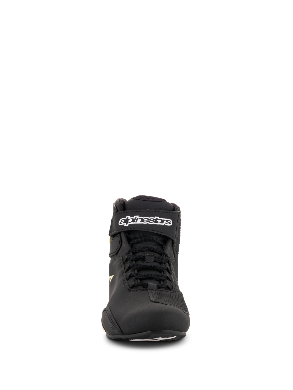 Zapatos Alpinestars Sektor, zapatos para motociclismo, negro y amarillo flúor, vista frontal con sistema de cordones rápidos, correa de tobillo con marca en blanco y construcción de microfibra ligera