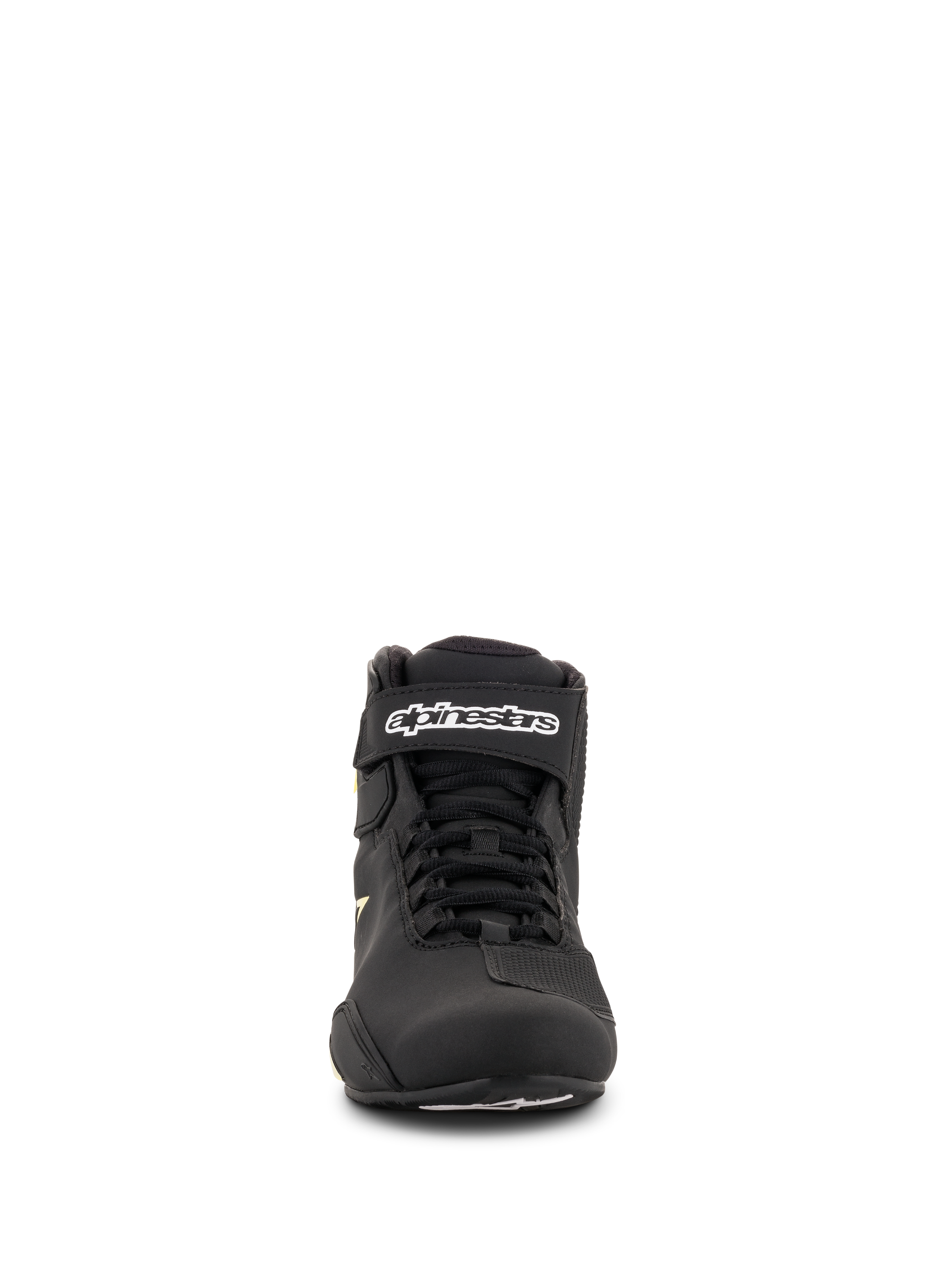 Zapatos Alpinestars Sektor, zapatos para motociclismo, negro y amarillo flúor, vista frontal con sistema de cordones rápidos, correa de tobillo con marca en blanco y construcción de microfibra ligera