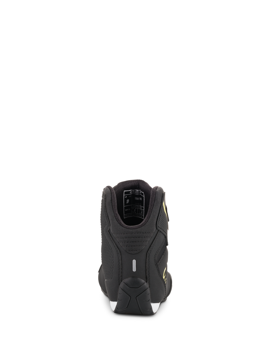 Zapatos Alpinestars Sektor, calzado para motociclista, negro y amarillo flúor, vista trasera que muestra el talón con tira reflectante y detalles del forro interior, suela de rendimiento texturizada