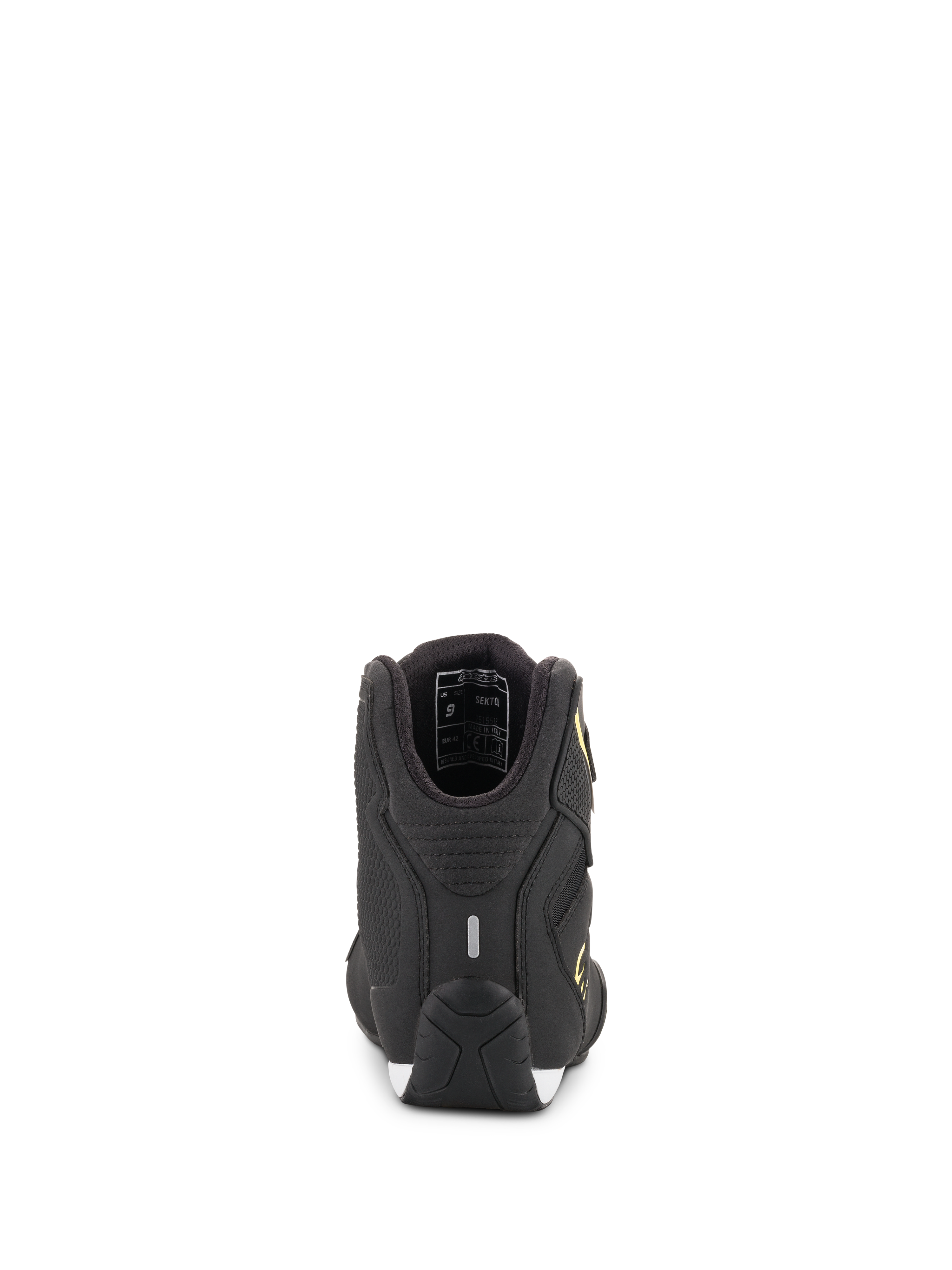 Zapatos Alpinestars Sektor, calzado para motociclista, negro y amarillo flúor, vista trasera que muestra el talón con tira reflectante y detalles del forro interior, suela de rendimiento texturizada