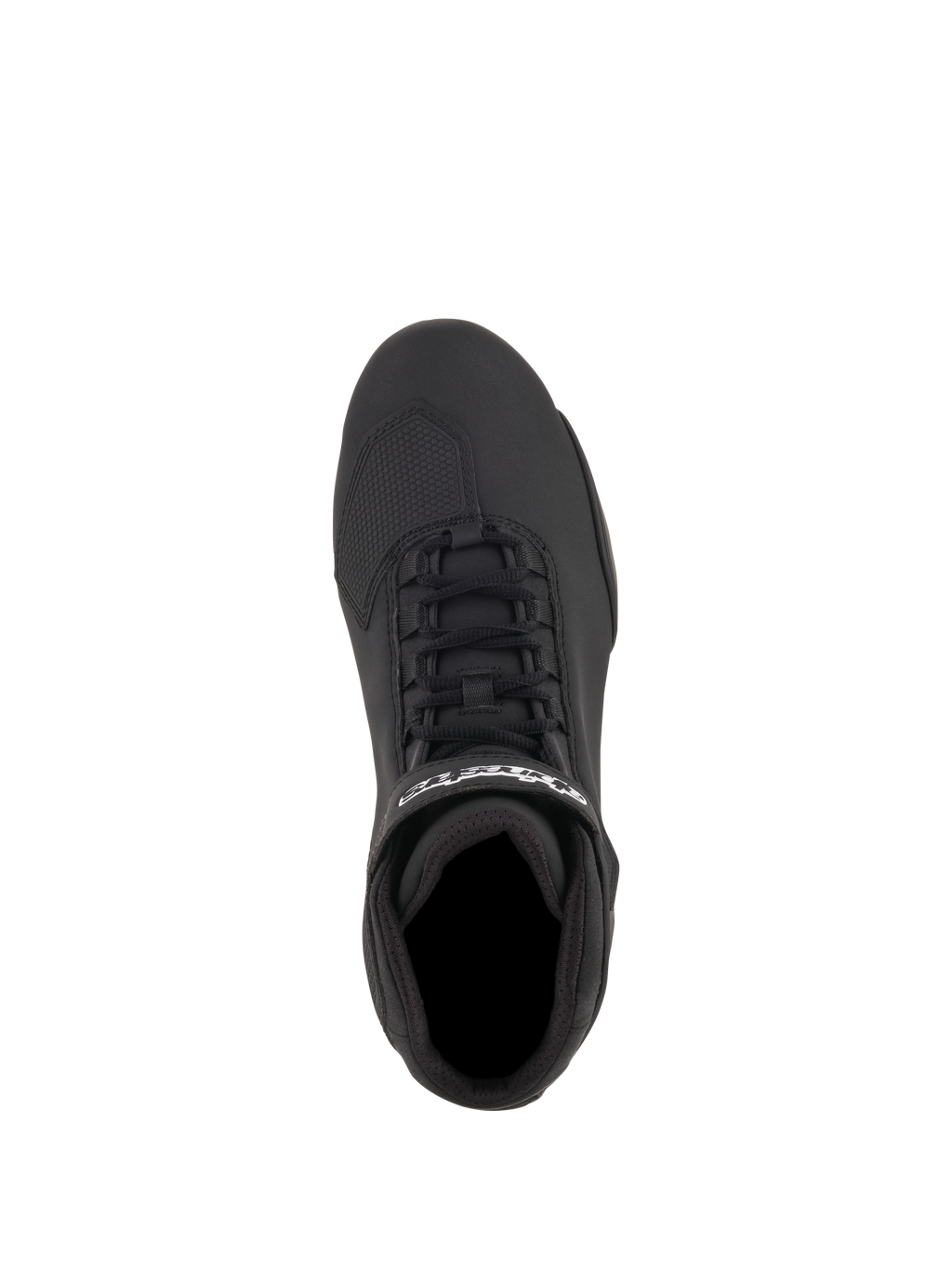 Zapatos Alpinestars Sektor, calzado para motociclismo, Negro Amarillo Flúor, vista superior con parte superior de microfibra negra, sistema de cordones rápidos, correa en el tobillo con logo Alpinestars en blanco y protector de cambio texturizado.