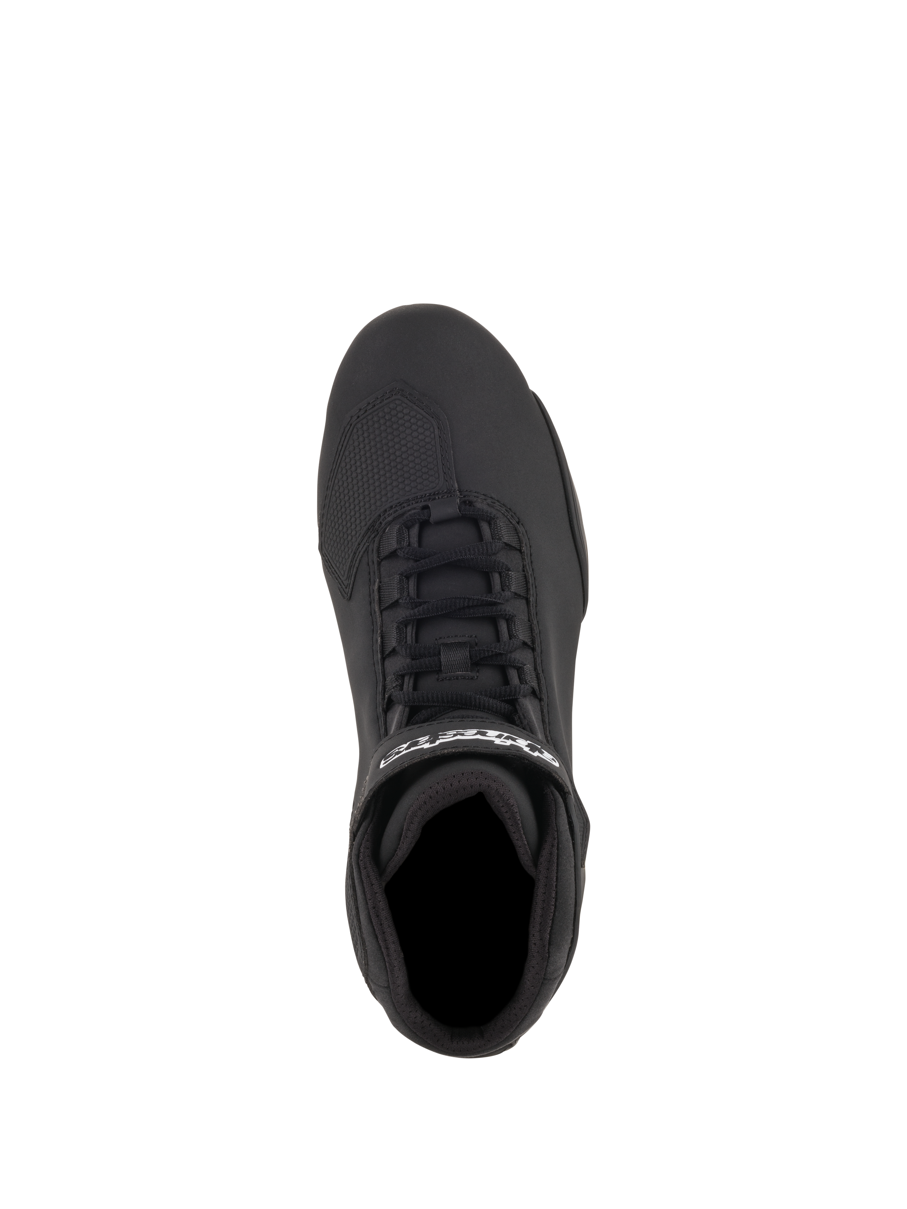 Zapatos Alpinestars Sektor, calzado para motociclismo, Negro Amarillo Flúor, vista superior con parte superior de microfibra negra, sistema de cordones rápidos, correa en el tobillo con logo Alpinestars en blanco y protector de cambio texturizado.