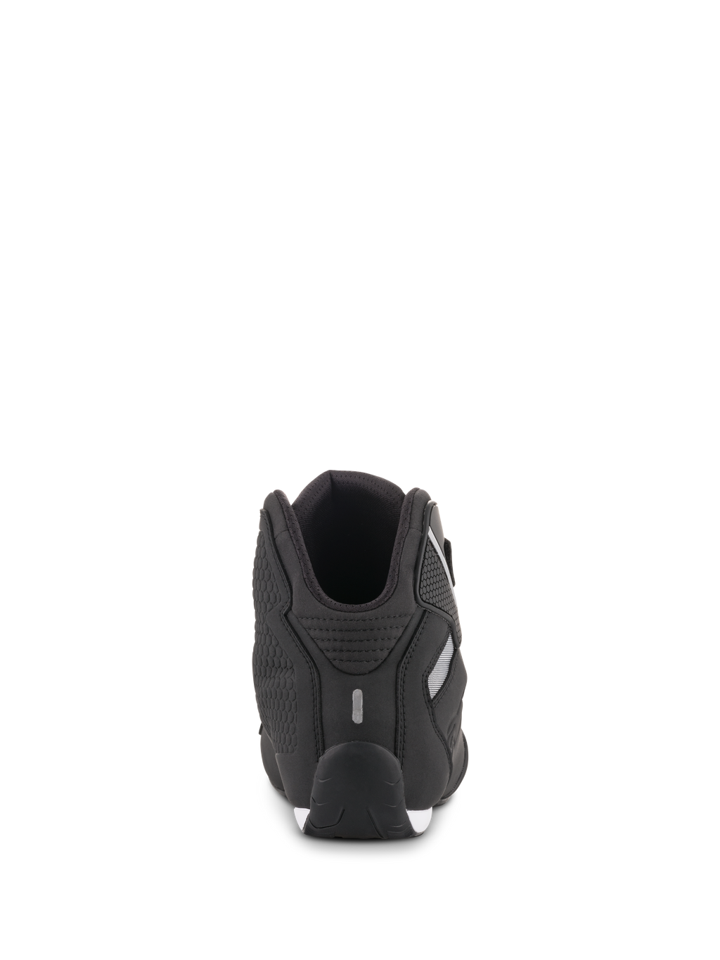 Zapatos Alpinestars Sektor, Negro, Vista Trasera, muestra la construcción del talón con detalle reflectante y panel lateral texturizado, calzado ligero de microfibra para motociclismo deportivo y uso en carretera