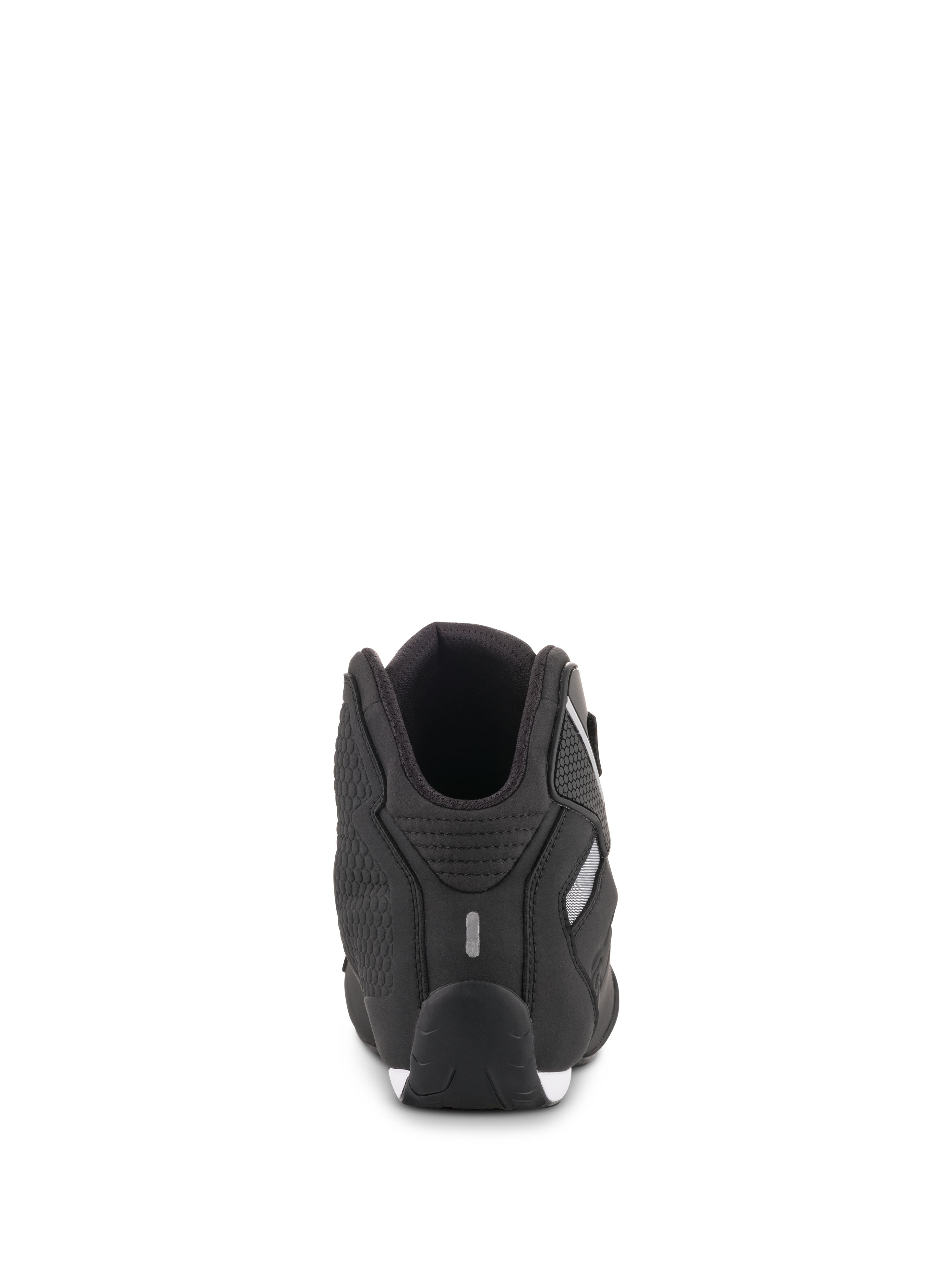 Zapatos Alpinestars Sektor, Negro, Vista Trasera, muestra la construcción del talón con detalle reflectante y panel lateral texturizado, calzado ligero de microfibra para motociclismo deportivo y uso en carretera