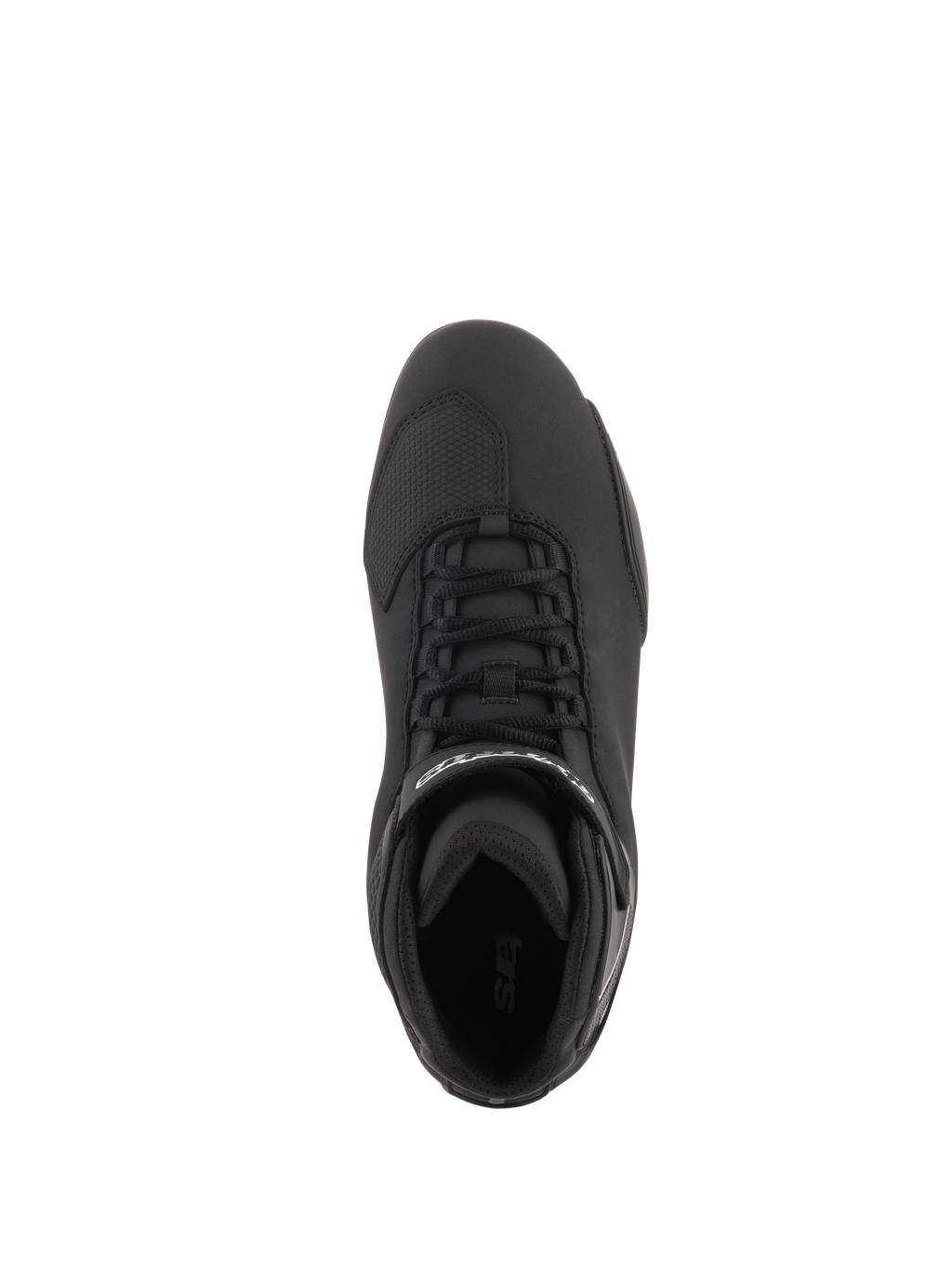Zapatos Alpinestars Sektor, calzado para motociclismo, negro, vista superior con sistema de cordones rápidos, correa de tobillo con logo blanco y zona de la puntera reforzada, construcción de microfibra estilizada