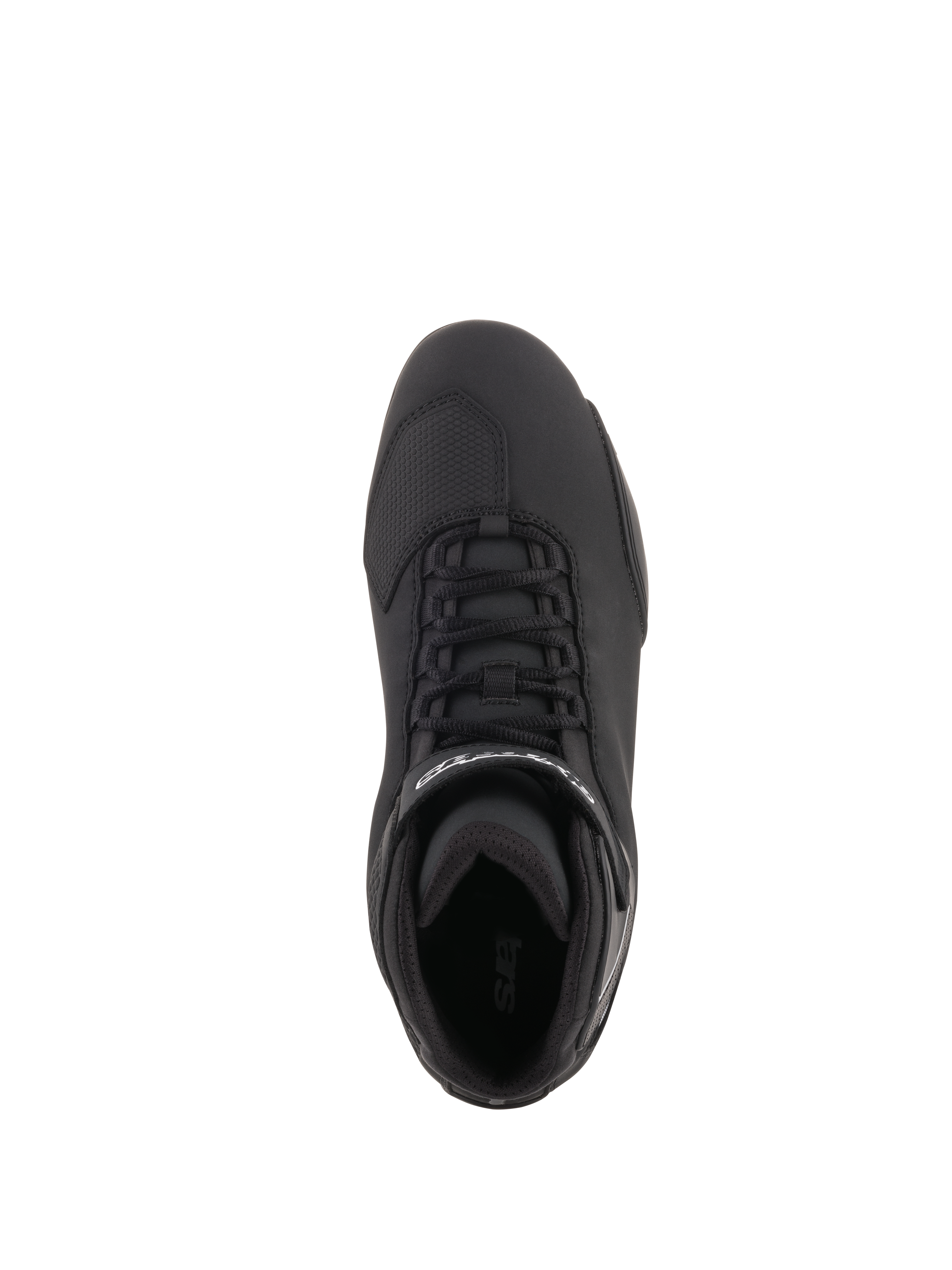 Zapatos Alpinestars Sektor, calzado para motociclismo, negro, vista superior con sistema de cordones rápidos, correa de tobillo con logo blanco y zona de la puntera reforzada, construcción de microfibra estilizada