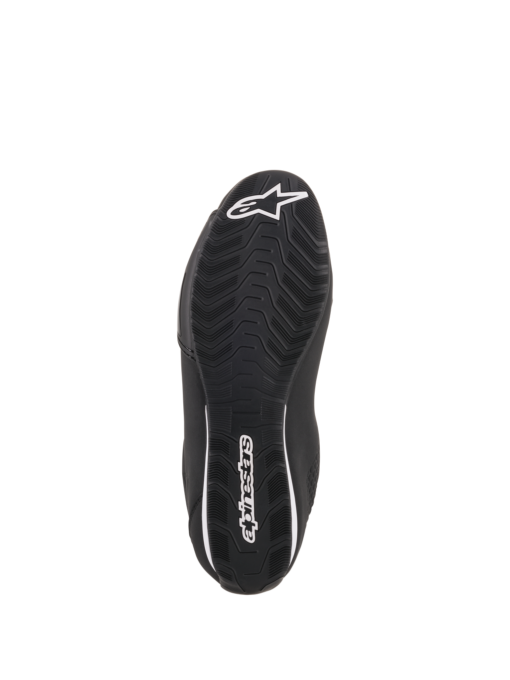 Zapatos Alpinestars Sektor, zapatos de moto negros, vista inferior que muestra la suela de goma texturizada, logotipo de estrella Alpinestars blanco en la puntera y marca en el talón, diseñados para agarre y durabilidad
