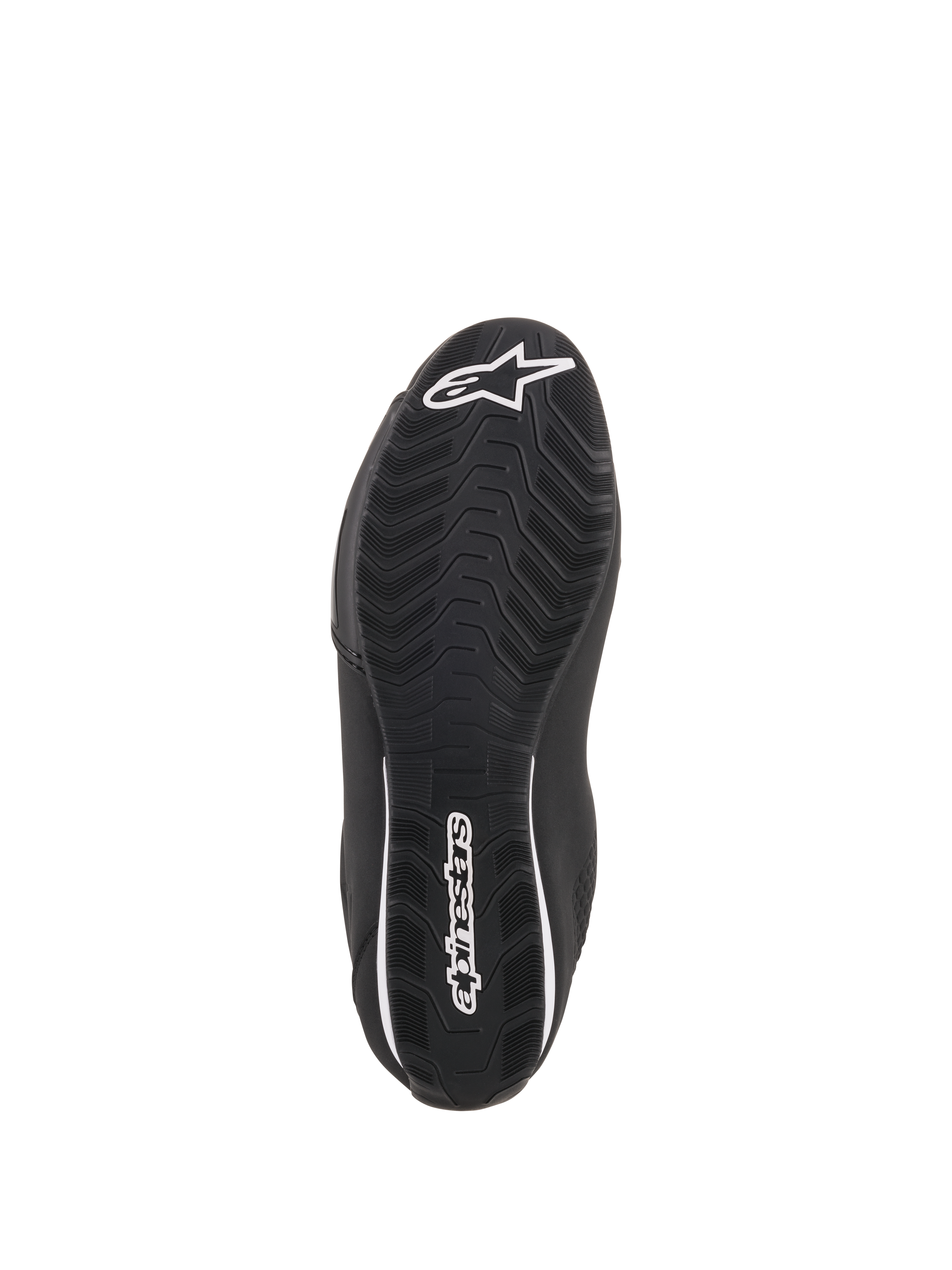 Zapatos Alpinestars Sektor, zapatos de moto negros, vista inferior que muestra la suela de goma texturizada, logotipo de estrella Alpinestars blanco en la puntera y marca en el talón, diseñados para agarre y durabilidad