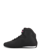 Alpinestars Women Stella Sektor Shoes, Motorcycle Riding Shoes, Black and Fuchsia, side profile featuring a black microfiber upper with a pink logo on the ankle strap and a white accent on the heel.