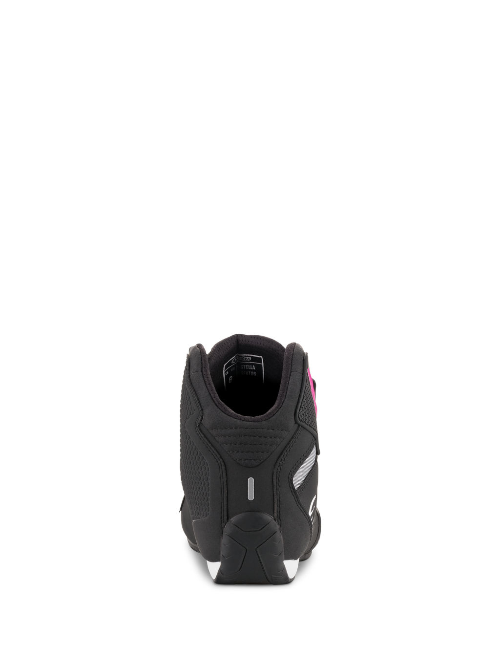 Alpinestars Women Stella Sektor Shoes, Black and Fuchsia, Rear view showing heel construction and reflective detail, lightweight microfiber motorcycle riding footwear.