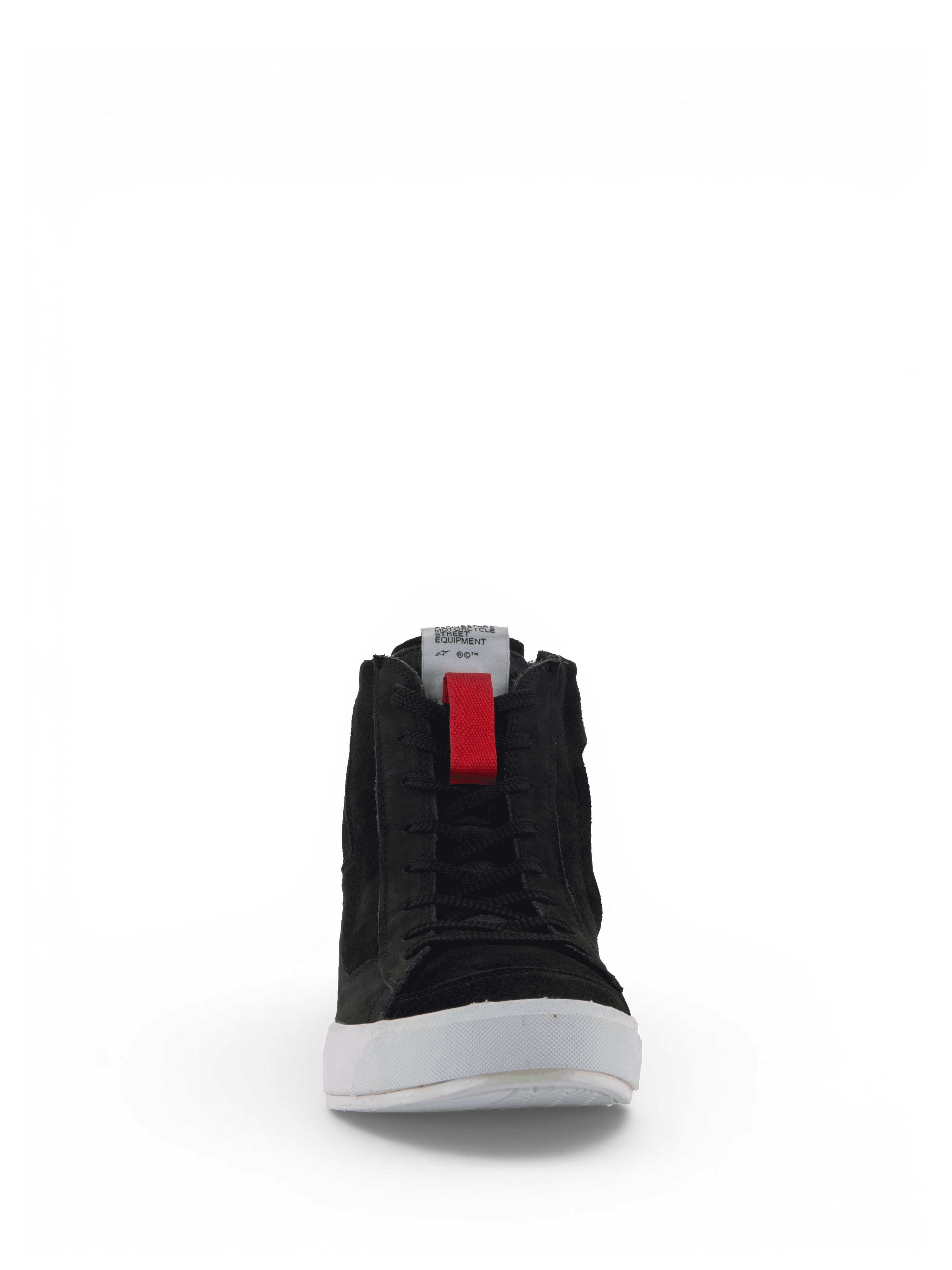 Alpinestars Stated Shoes, black urban motorcycle riding shoes for men with white vulcanized soles and red pull tabs.