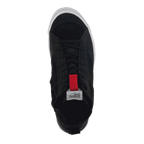 Alpinestars Stated Shoes, urban motorcycle riding shoes, black, top-down view featuring black laces, a red pull tab on the tongue, and a white vulcanized sole edge, minimalistic skate-inspired design for road riding