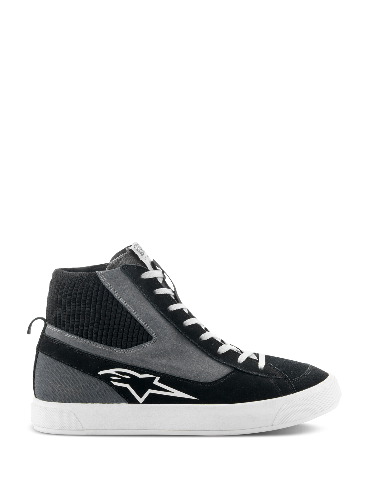 Alpinestars Stated Shoes, high-top motorcycle riding shoes, Black Gray and White, featuring a white star logo, white vulcanized rubber sole, ribbed knitted ankle collar and white laces, urban street style