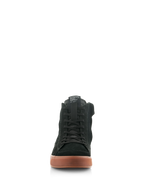 Alpinestars Stated Shoes, Urban Motorcycle Riding Shoes, Black Gum, front view featuring black nubuck and suede upper, classic laces, and textured gum sole, skate-inspired protective footwear
