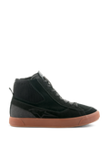 Alpinestars Stated Shoes, Black high-top motorcycle riding sneaker with a brown gum rubber sole, suede and canvas upper featuring a ribbed knit ankle collar, retro skate-inspired streetwear design