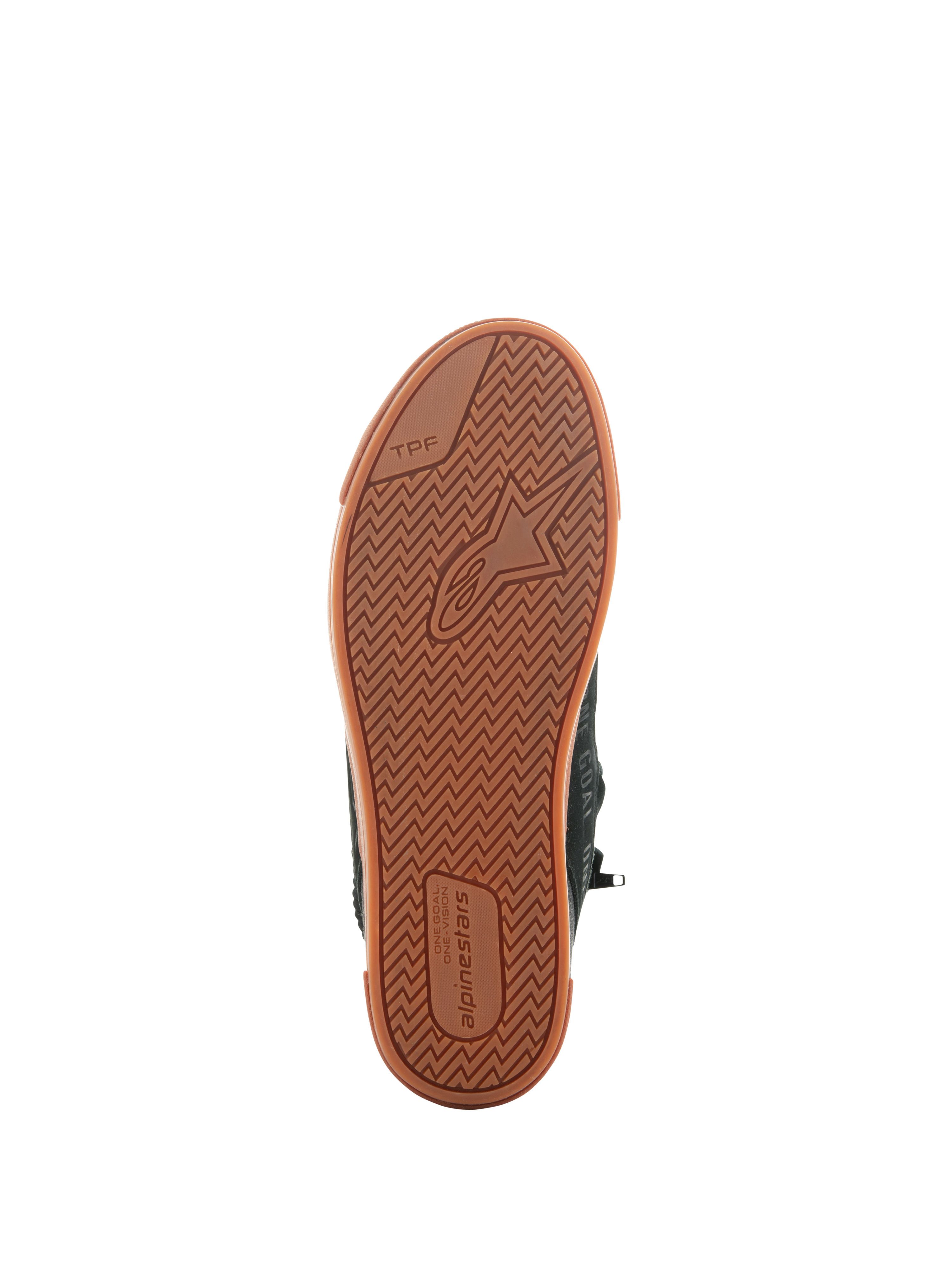 Alpinestars Stated Shoes, Black Gum, bottom view of the vulcanized gum rubber sole featuring a herringbone traction pattern, Alpinestars logo, and TPF (Transversal Protection Frame) branding, urban motorcycle footwear