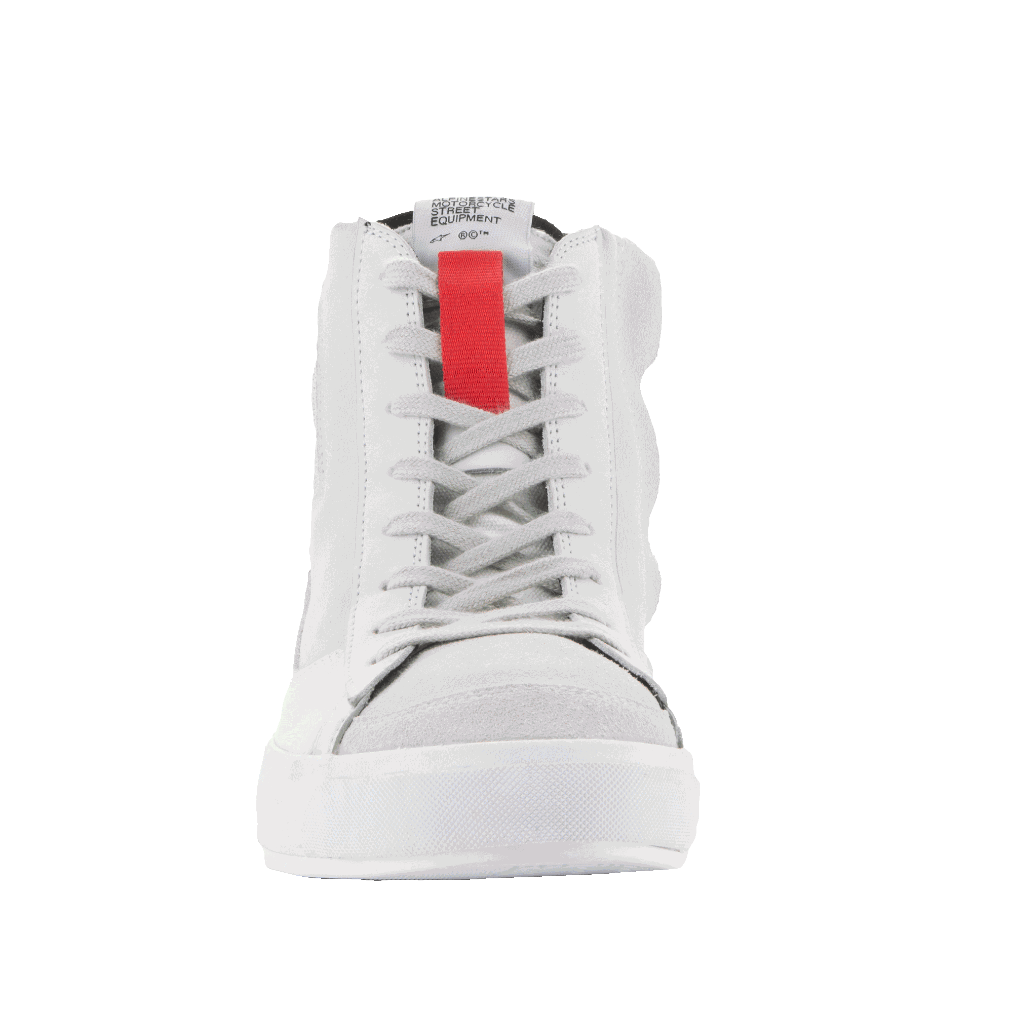 Alpinestars Stated Shoes, Urban Riding Shoes, White Cool Gray, front-facing view of high-top sneaker, featuring a prominent red accent on the tongue, gray laces, and a white vulcanized sole, minimalist skate-inspired design