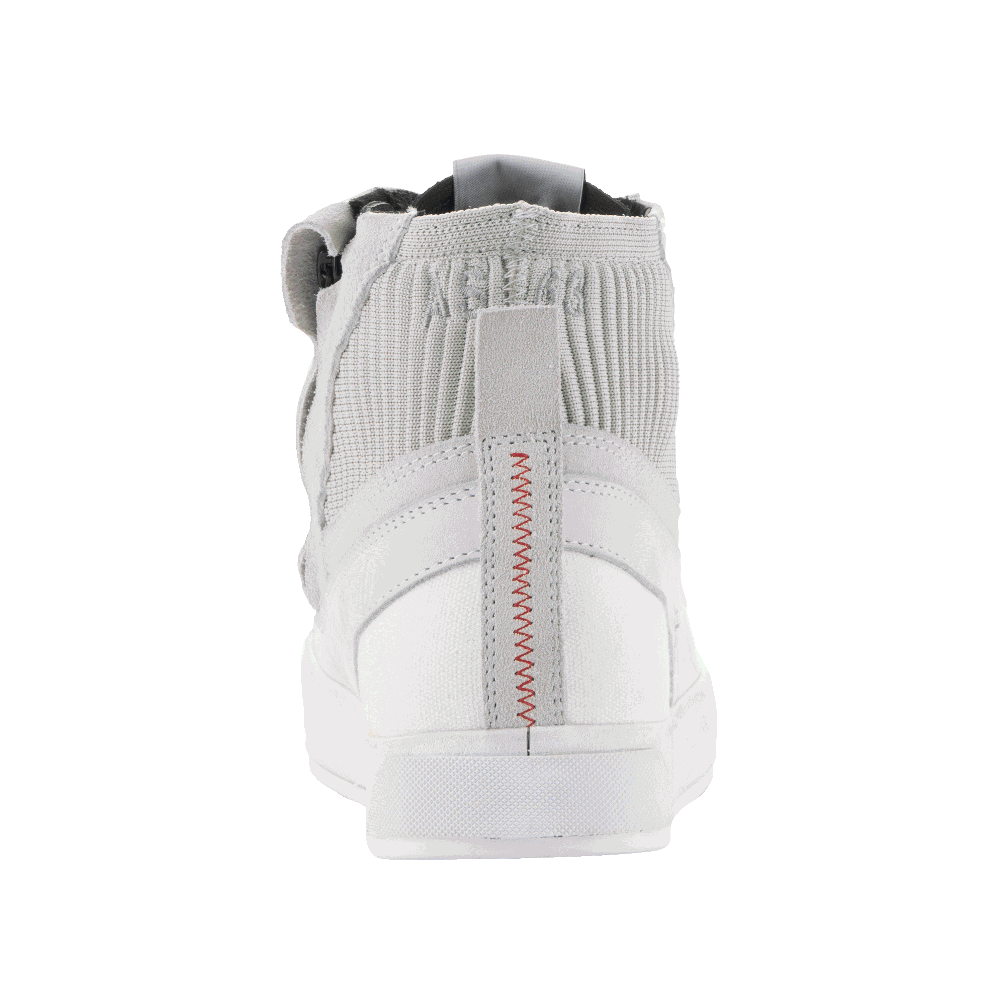 Alpinestars Stated Shoes, Motorcycle Riding Shoes, White Cool Gray, rear view featuring red zig-zag heel stitching, knitted mesh ankle collar, and white vulcanized sole, urban sneaker design