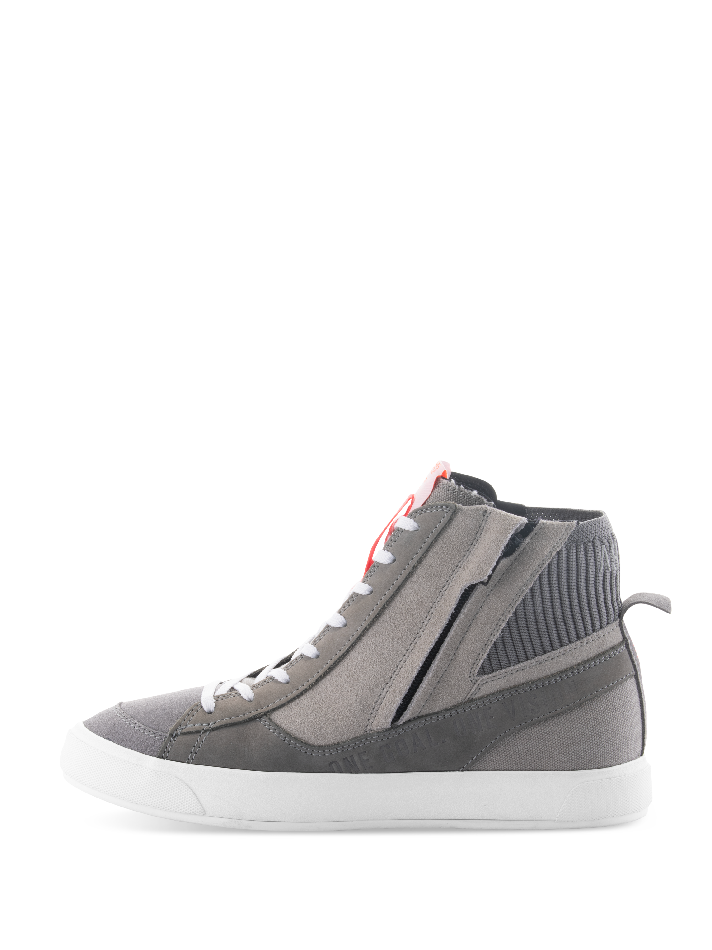 Zapatos Alpinestars Stated, calzado urbano para moto en gris claro, rojo flúor y blanco, diseño de zapatilla retro de caña alta con parte superior de gamuza y lona gris, cremallera lateral y suela vulcanizada blanca