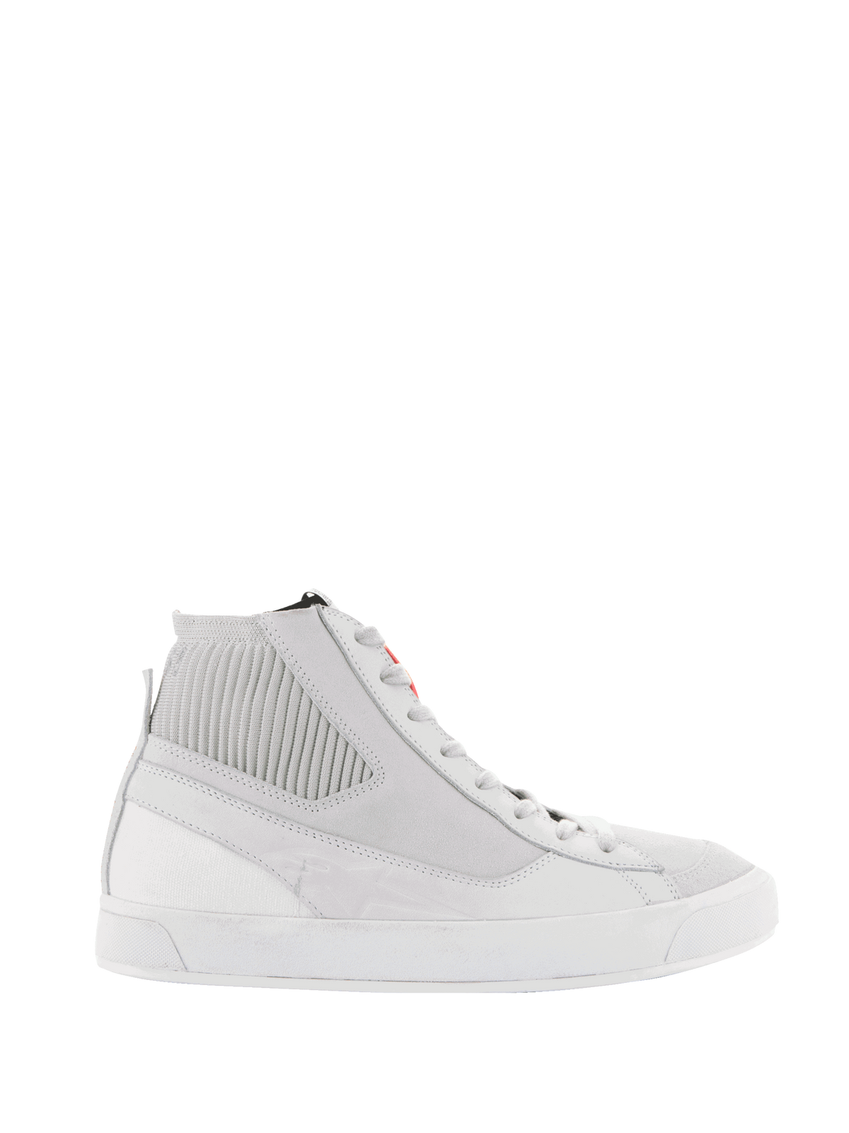 Alpinestars Stated Shoes, zapatos de moto urbana para hombre, blanco y gris frío, parte superior de nobuk y lona con suela vulcanizada blanca y diseño retro de caña alta