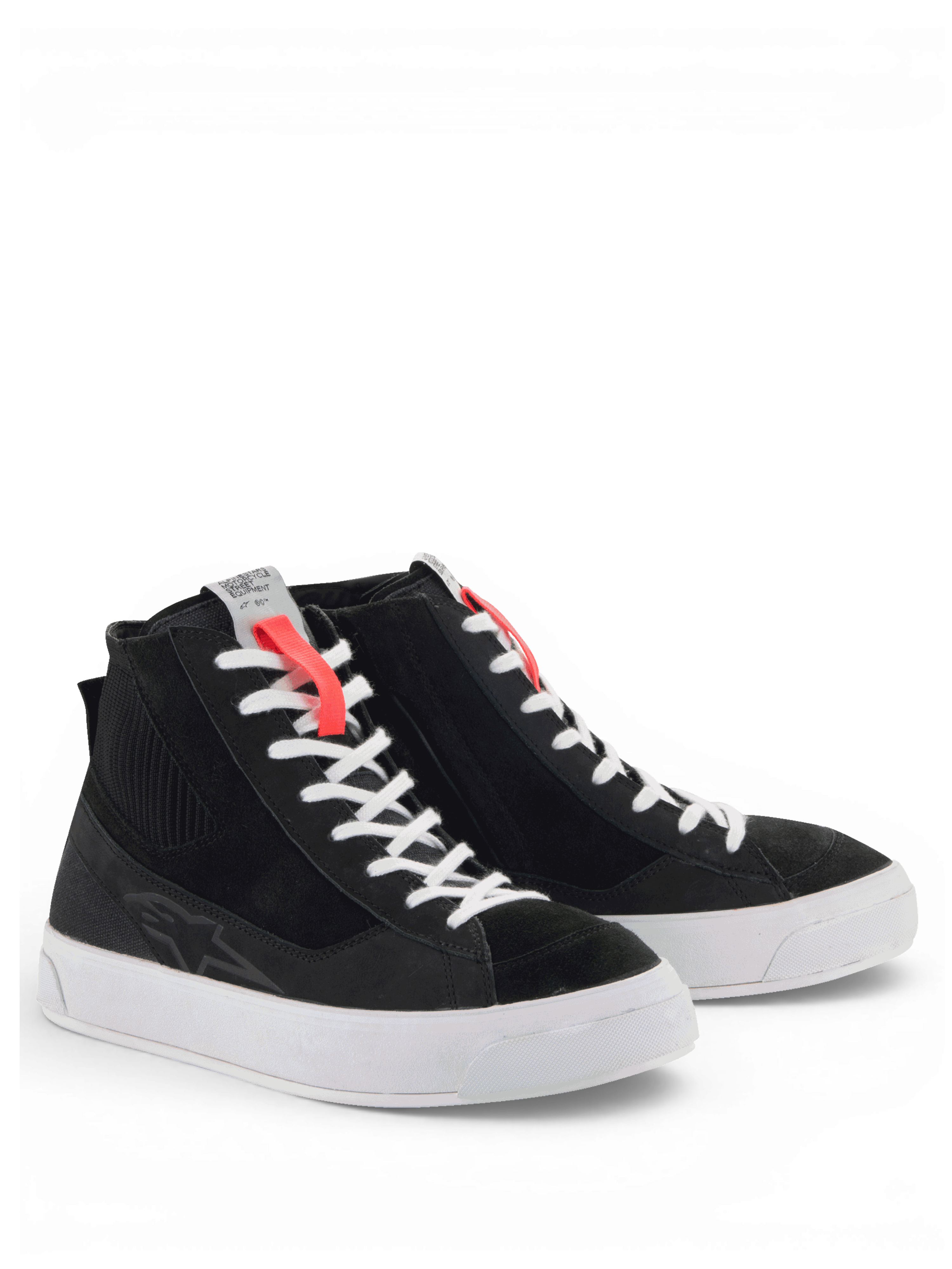 Alpinestars Stella Stated Podium, zapatos de moto para mujer, estilo urbano tipo skate, negros con suela y cordones blancos, construcción de cuero y lona