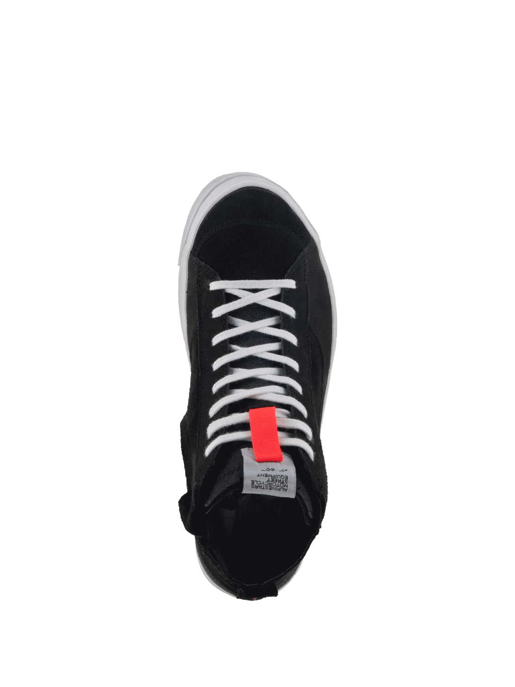 Alpinestars Stella Stated Podium, zapatos de moto urbanos para mujer, negros y blancos con detalle rojo, vista superior.